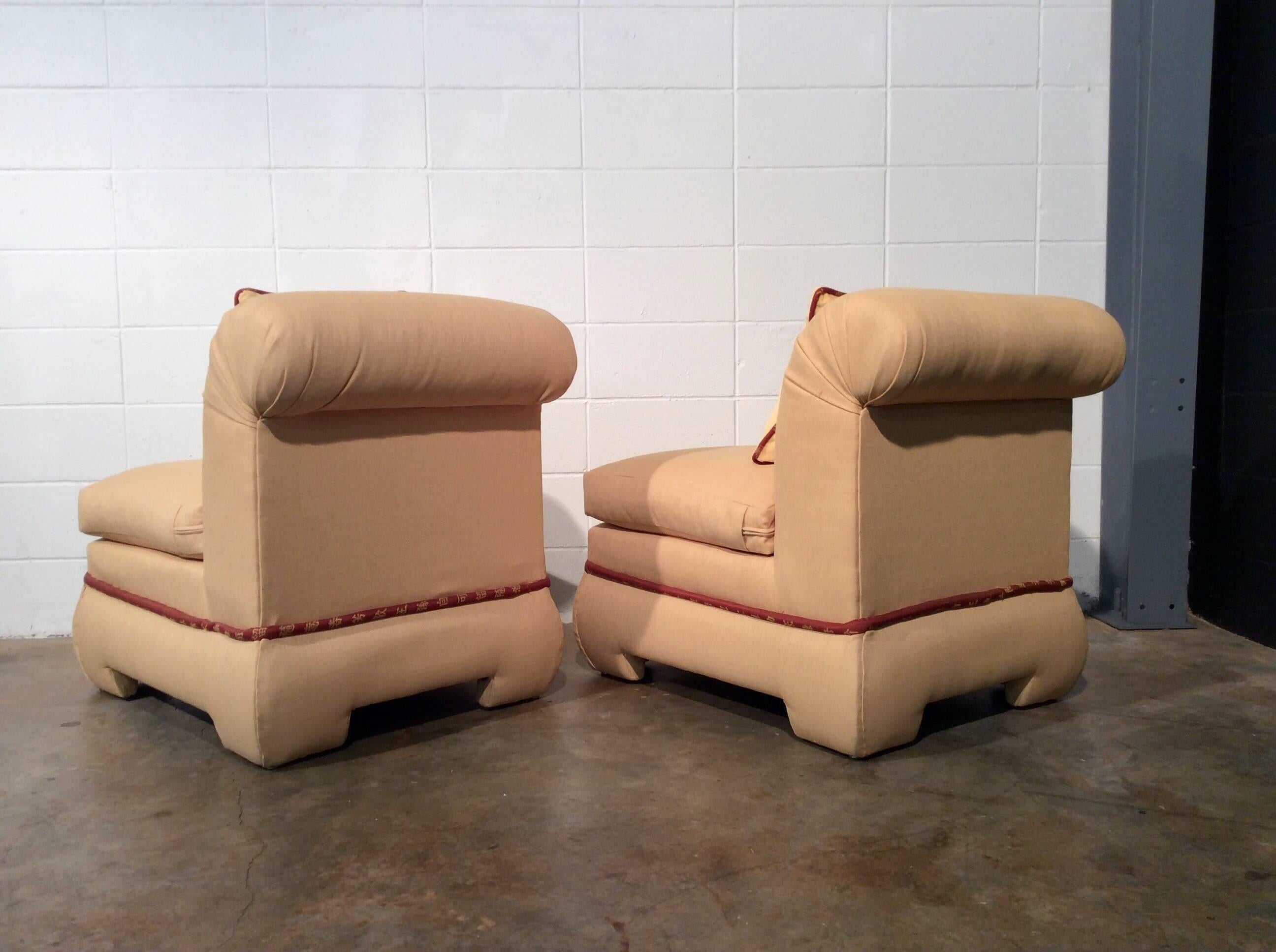 Late 20th Century Pair of Fully Upholstered Rolled Back Chairs by Vanguard Furniture