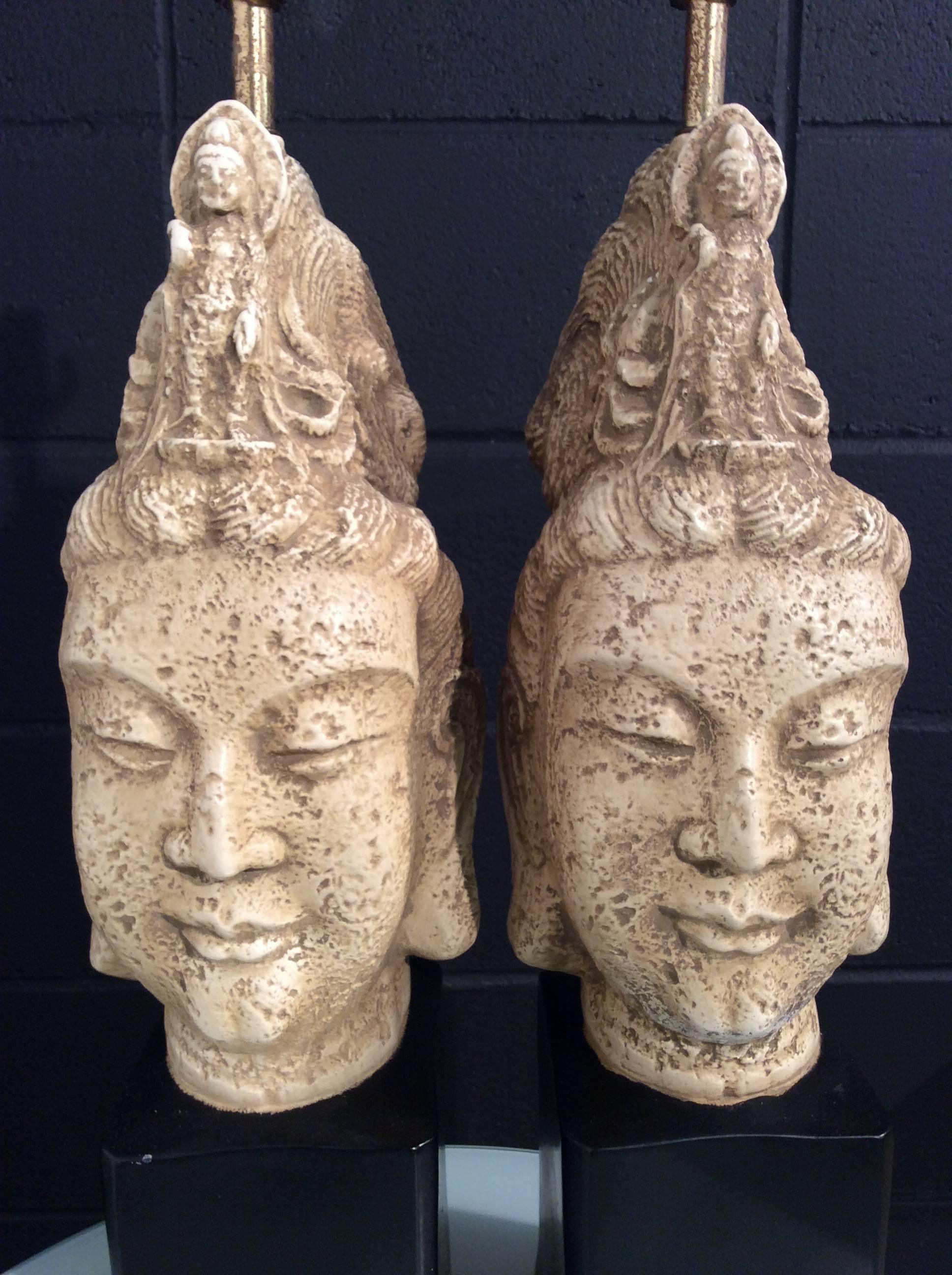 American Pair of Asian Style Mid-Century Buddha Table Lamps Attributed to James Mont For Sale
