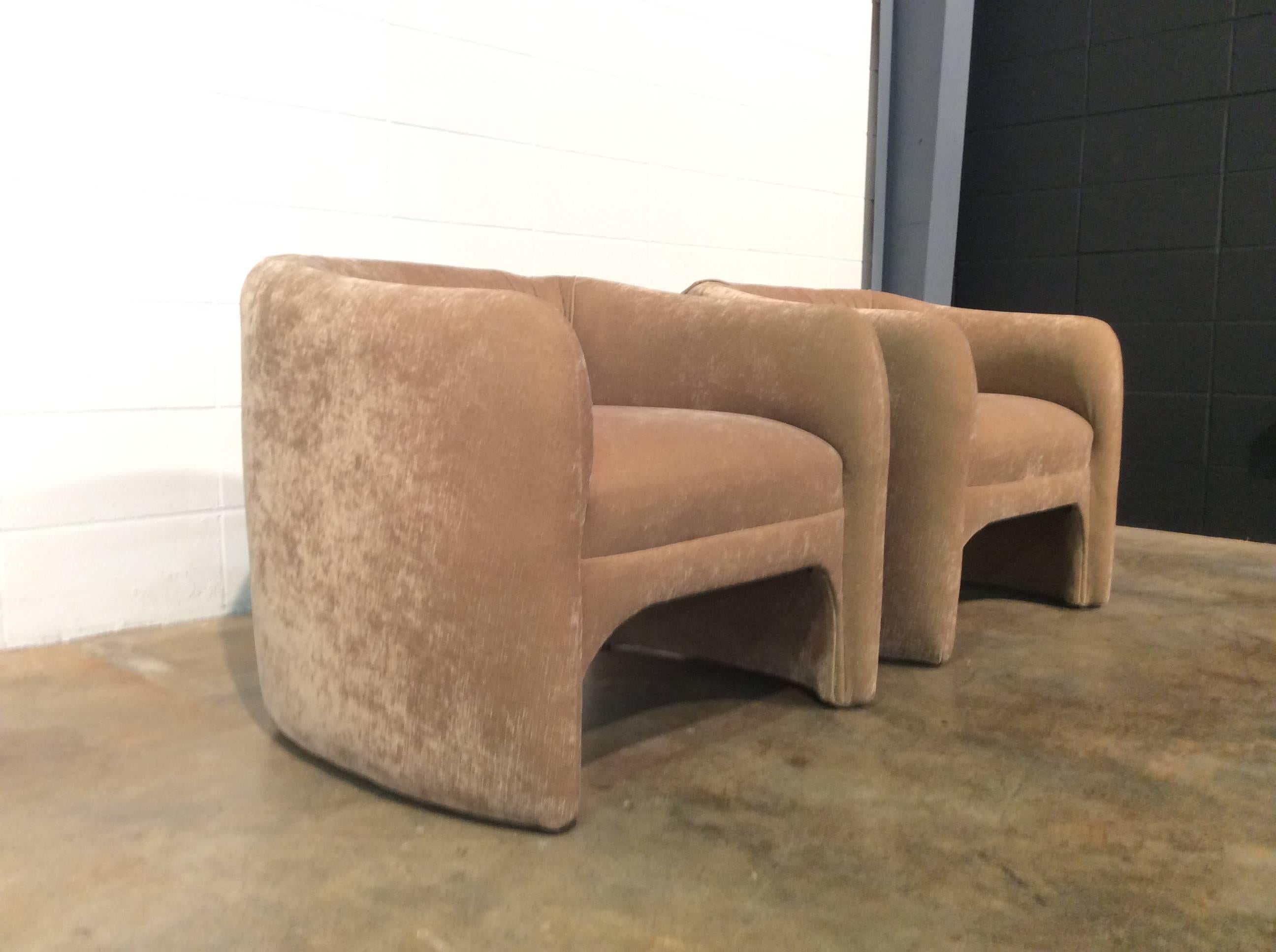 Two open back barrel chairs by Weiman. The chairs have been restored including new foam and a new Cognac colored velour. The chairs are very soft to the touch and comfortable.
 No known issues. Ready for use.

Matching sofa is also available in our