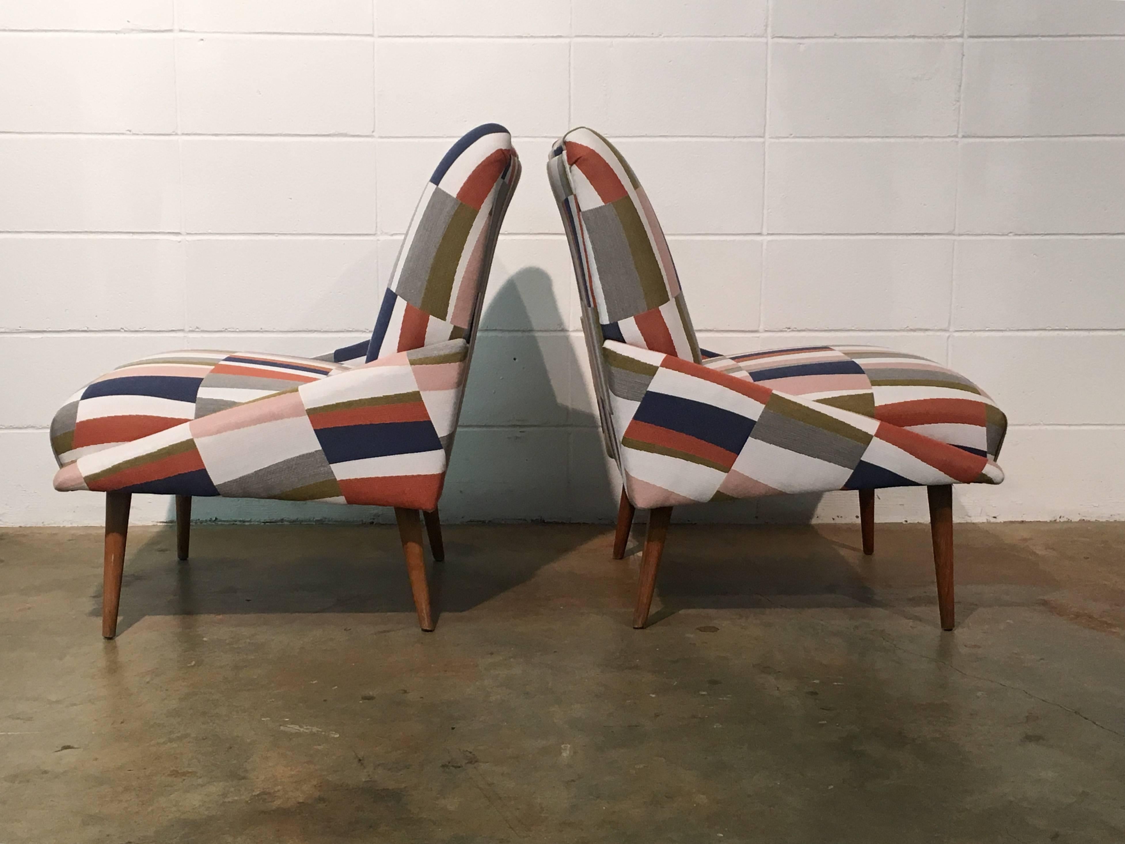 American Pair of Restored Geometric Mid-Century Modern Slipper Chairs - Free Shipping