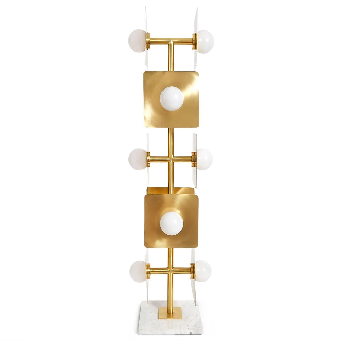 Architectural Modernism. Sculptural form meets illuminating function in our puzzle floor lamp. A simple, but bold composition of rounded square sheets of solid brass with bold globes on a Minimalist stem and a solid Carrara marble base. Five feet