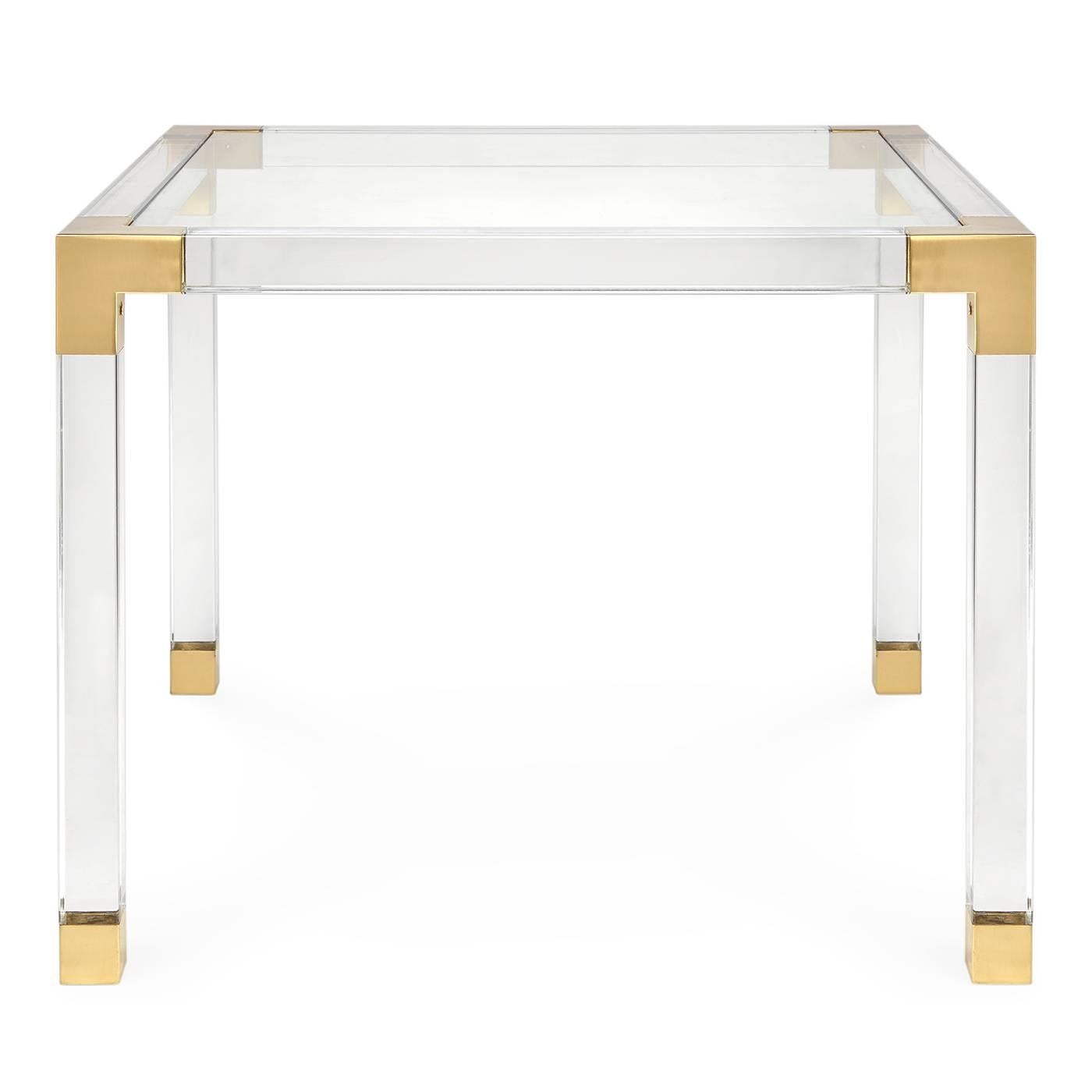 Clearly cool. The perfect blend of simplicity and glamour, modern and traditional. Crystal clear Lucite with brushed brass corners. Nothing finishes a room like a game table in a corner with a chandelier swaged over the top. Also doubles as a petite