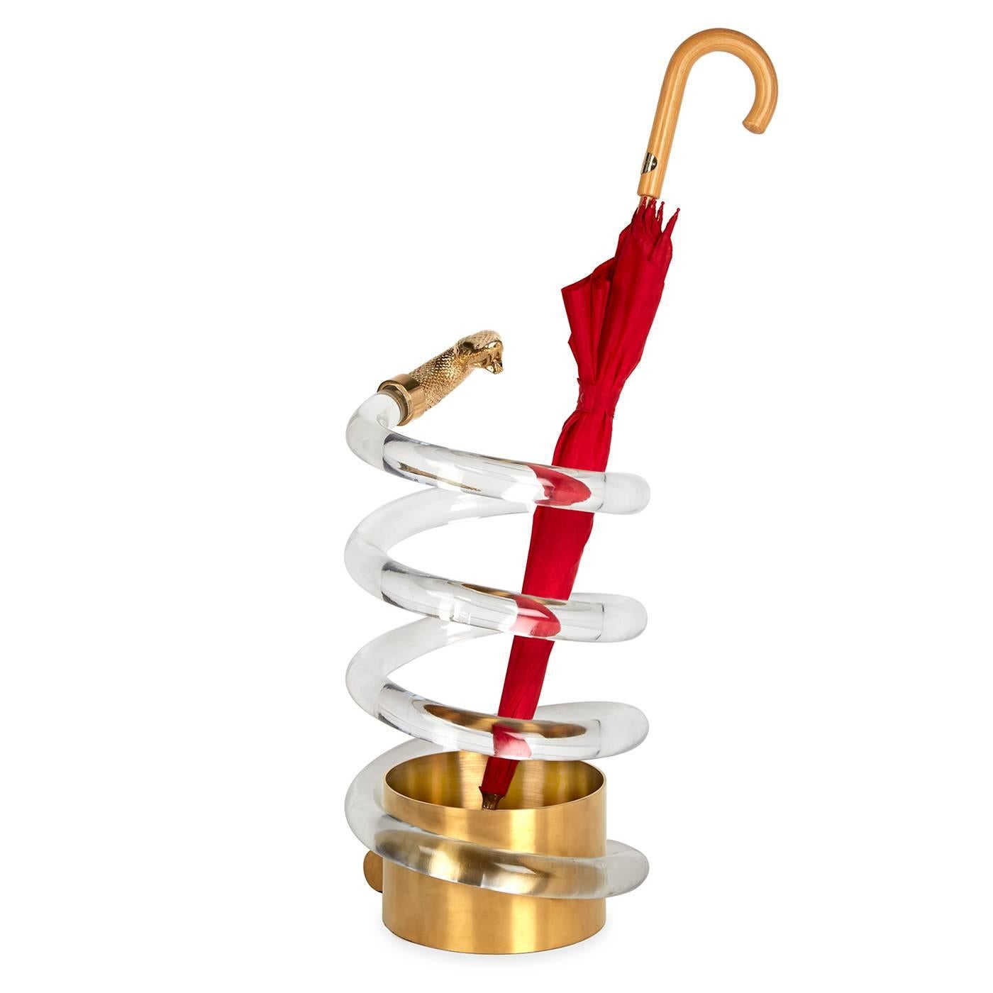 American Lucite and Brass Serpent Umbrella Stand