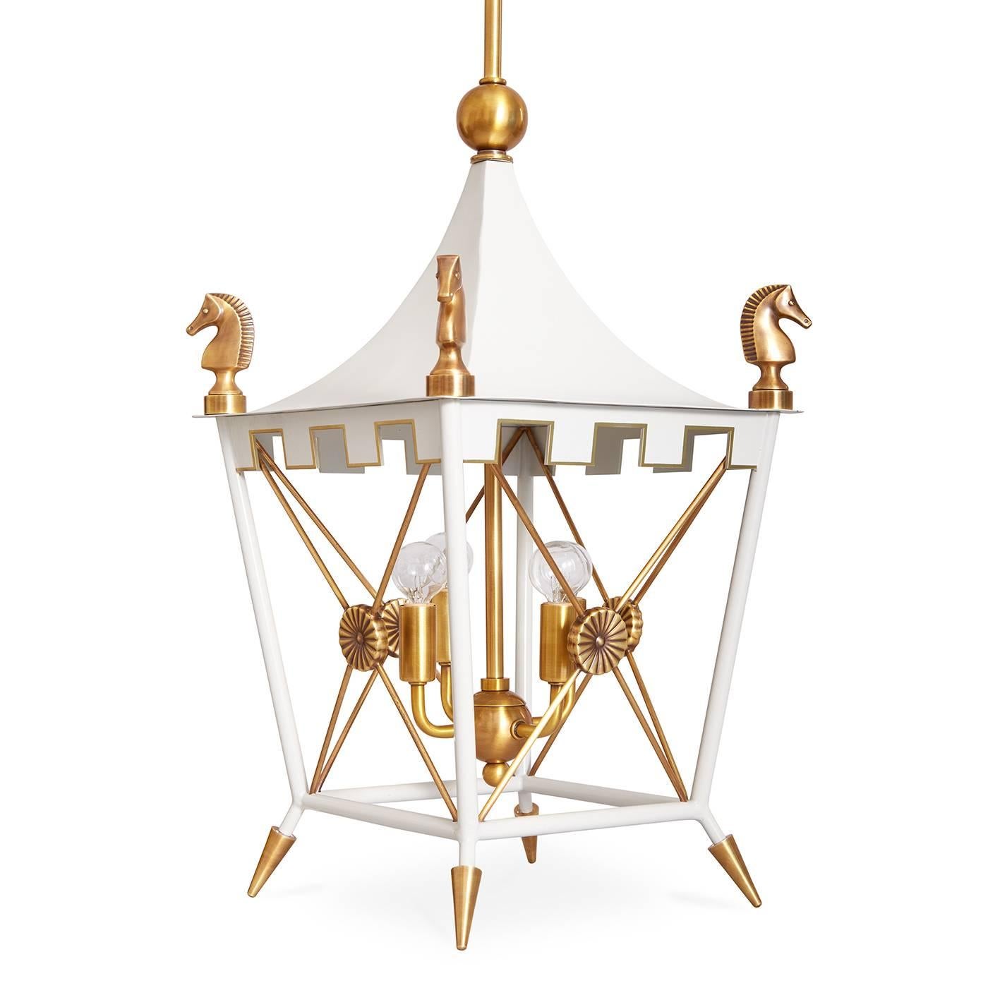 Parisian flair. The iconic pagoda pendant gets a neo neoclassical update. Our signature Rider accents abound: custom-crafted horse finials, powder-coated brass, antiqued brass medallions and turreted edges with gold hand-painted details for added