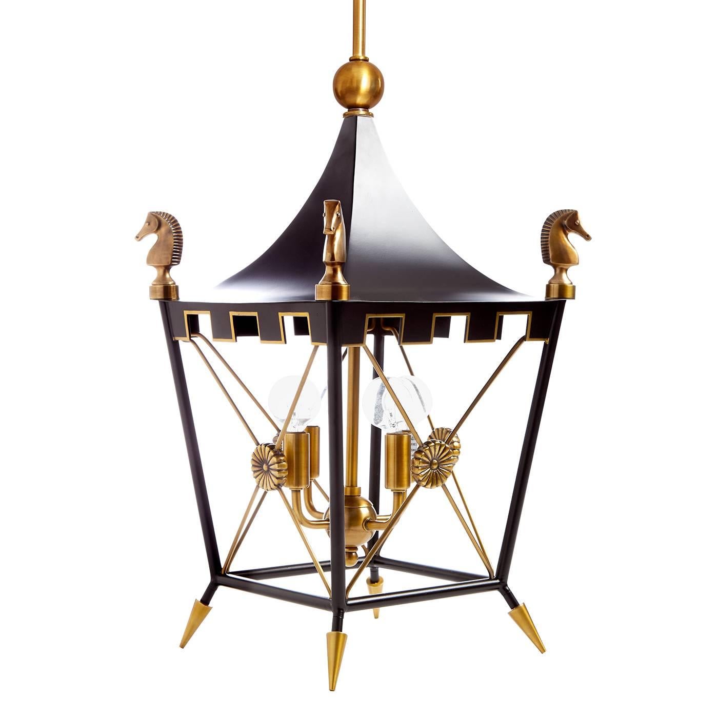 Parisian flair. The iconic pagoda pendant gets a neo neoclassical update. Our signature Rider accents abound: custom-crafted horse finials, powder-coated brass, antiqued brass medallions and turreted edges with gold hand-painted details for added