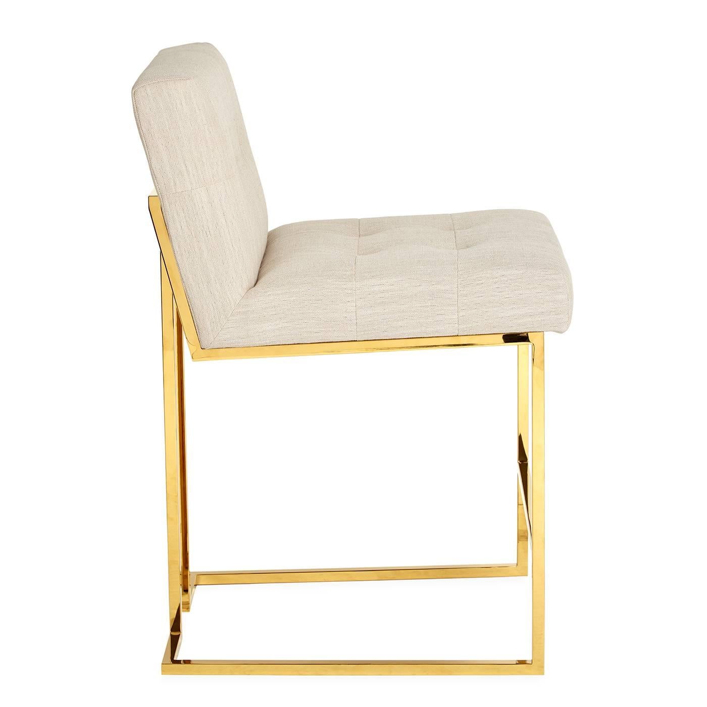 Minimalist comfort. Pared down geometry. Polished brass meets chic comfort in our Goldfinger collection. Our Goldfinger counter stool looks as good from the back as it does from the front in luxe Roma Oatmeal linen. A little bit 1970s, a lot today.