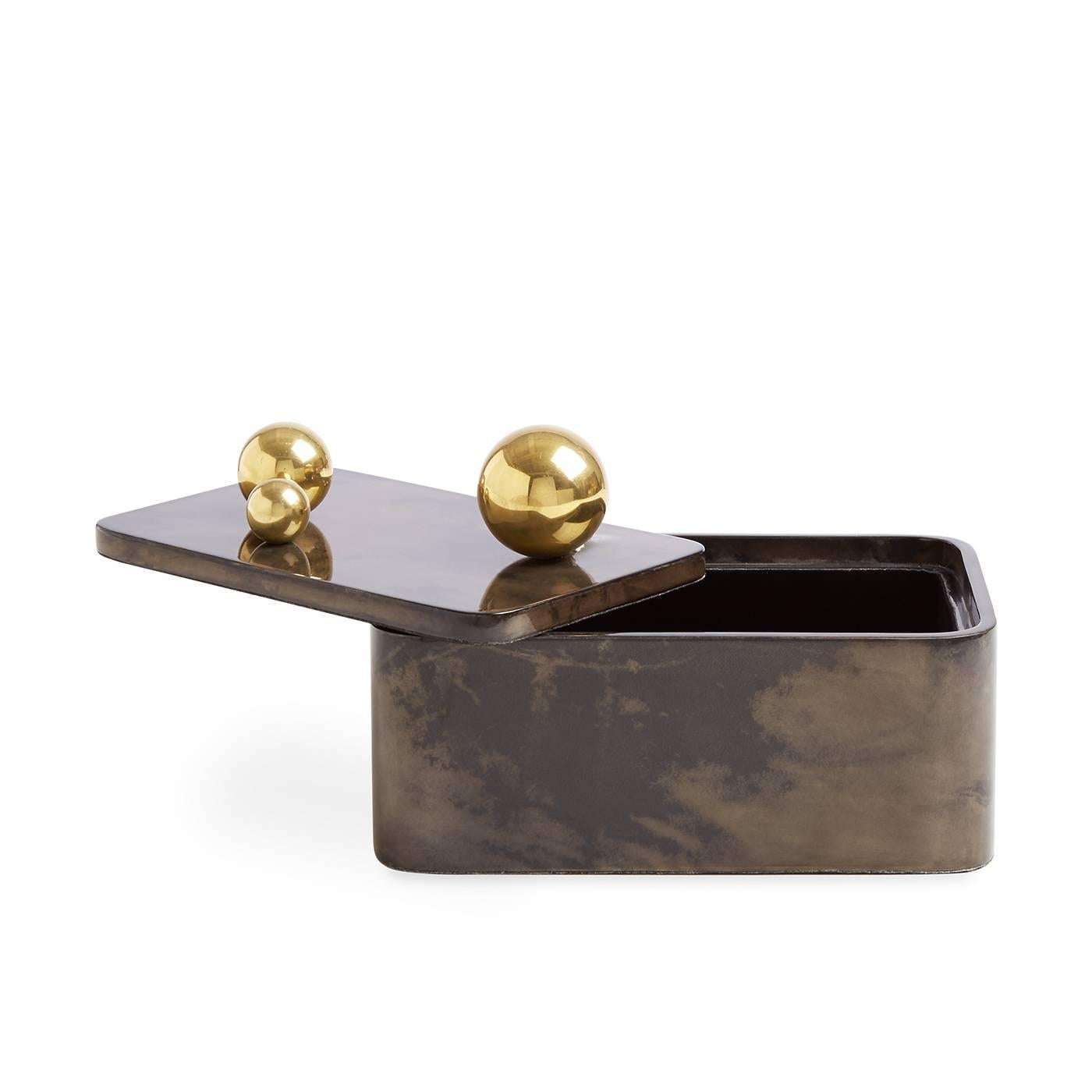 Brass Trocadero Lacquered Goatskin Box in Charcoal