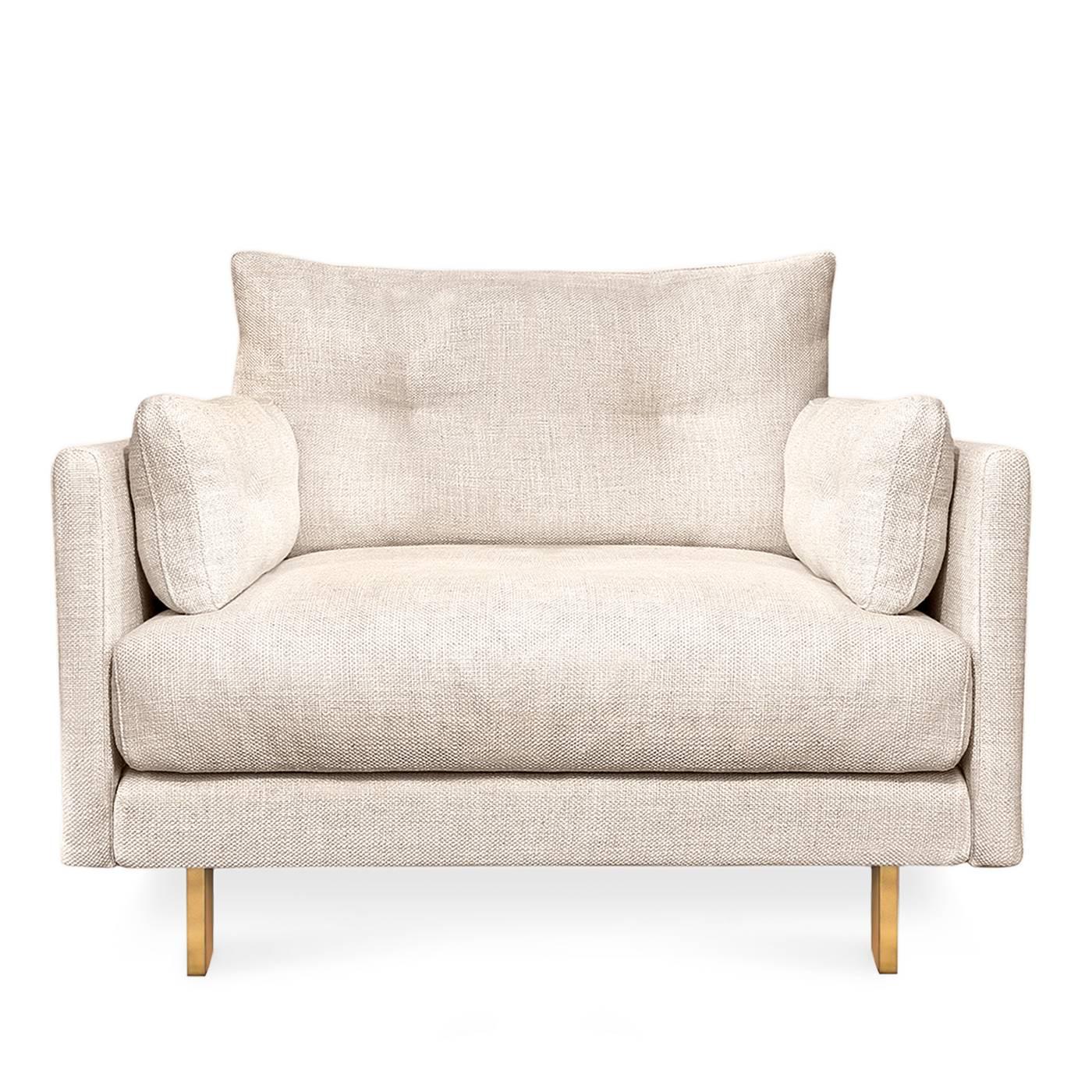California Modern. Deep and squishy, family-friendly, and très chic—you can have it all. Upholstered in Mulholland Pearl bouclé with minimal brushed brass legs. Combine details like inviting pin-tucked back and side cushions, with removable,