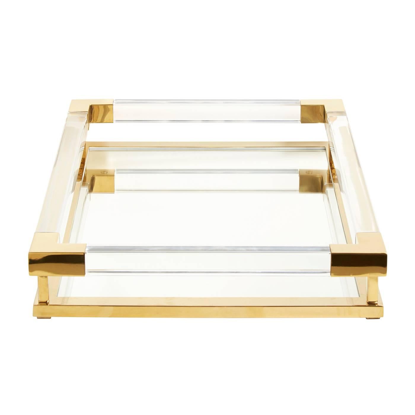 Modern Large Jacques Tray in Clear Lucite and Brass