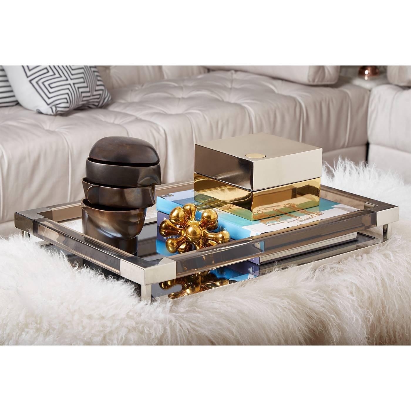 Contemporary Large Jacques Tray in Clear Lucite and Brass