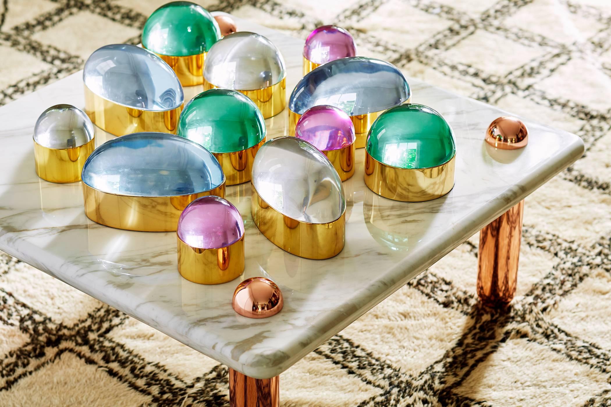 Modern Set of Lucite and Brass Globo Boxes