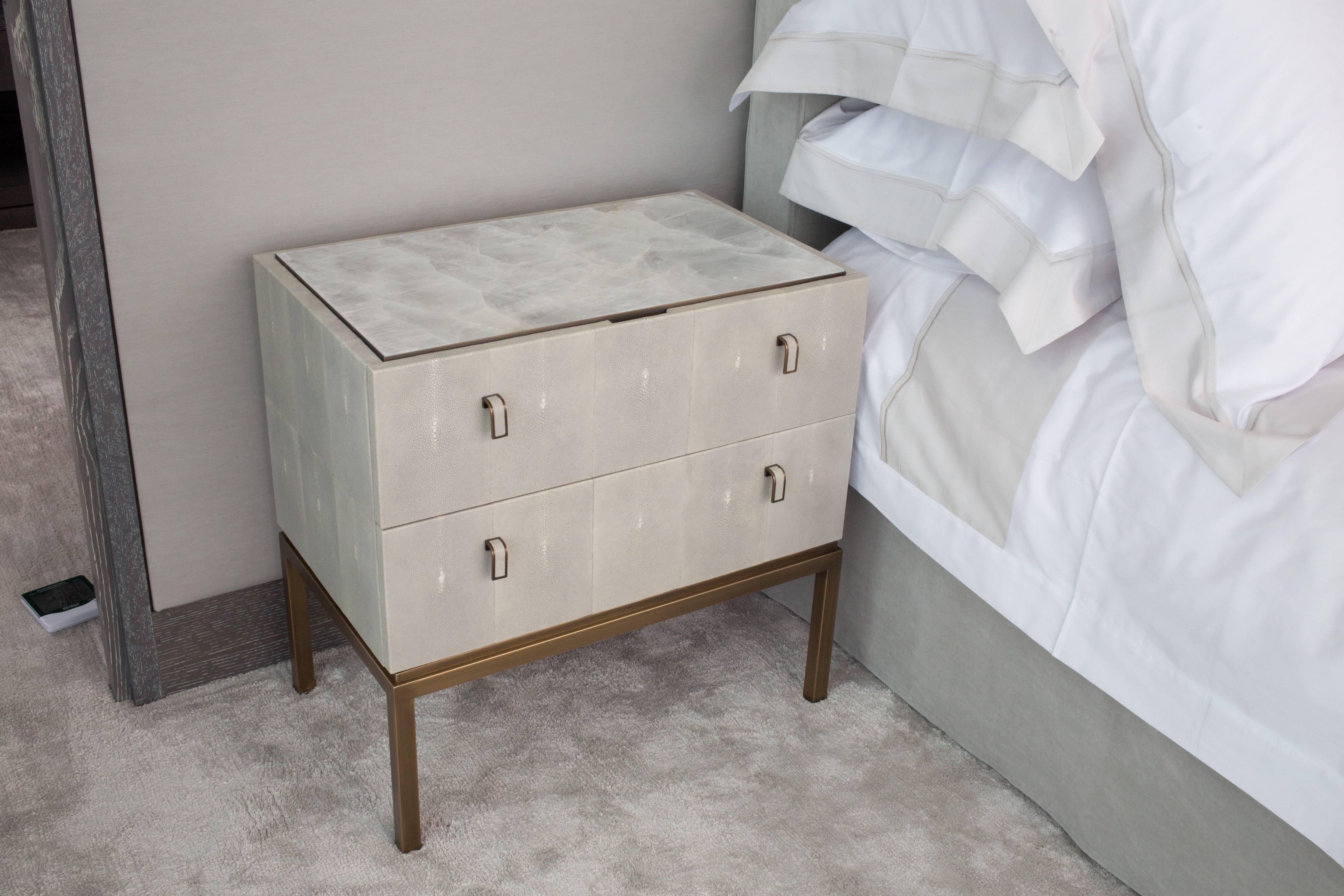 American Pair of Water Nightstands with Shagreen, Selenite Crystal and Patinated Bronze For Sale
