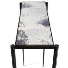 Shibori Console Table with Hand-Painted Goatskin Parchment and Hand-Forged Steel