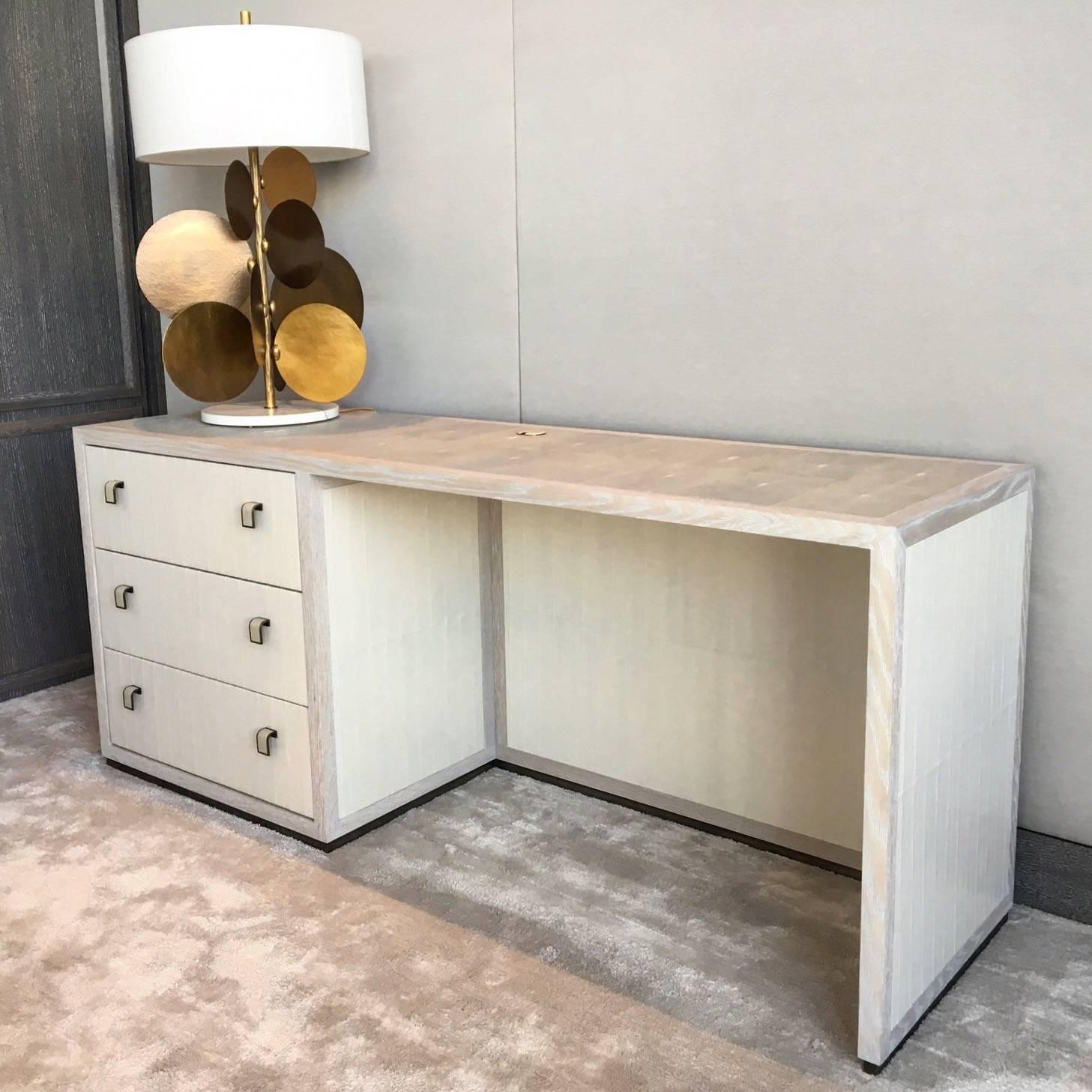 Contemporary Water Desk with Eel Skin, Shagreen, Cerused White Oak and Patinated Bronze For Sale