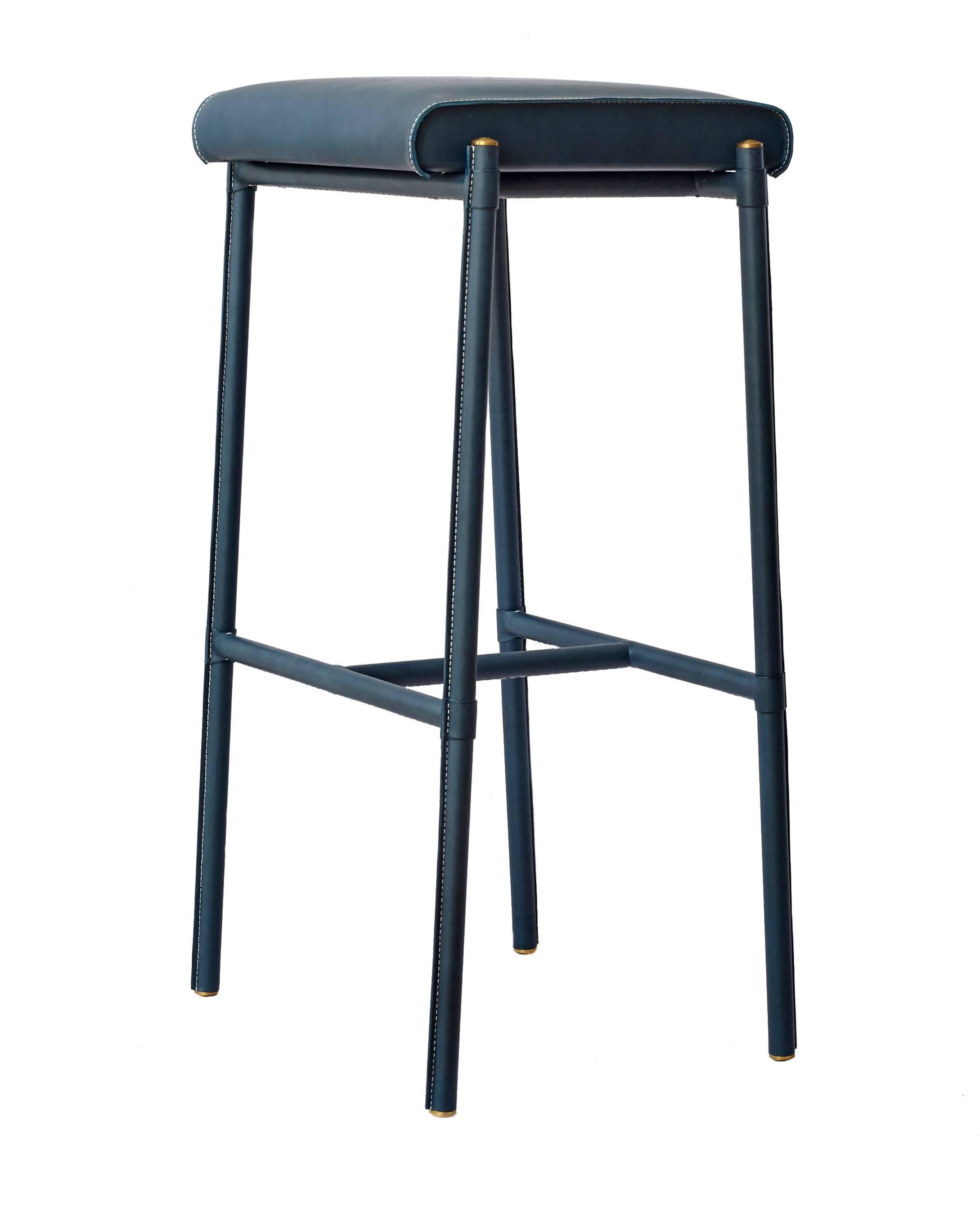 Art Deco 'Jacqueline' Bar Stool, Leather-Wrapped and Hand-Stitched, with Upholstered seat For Sale