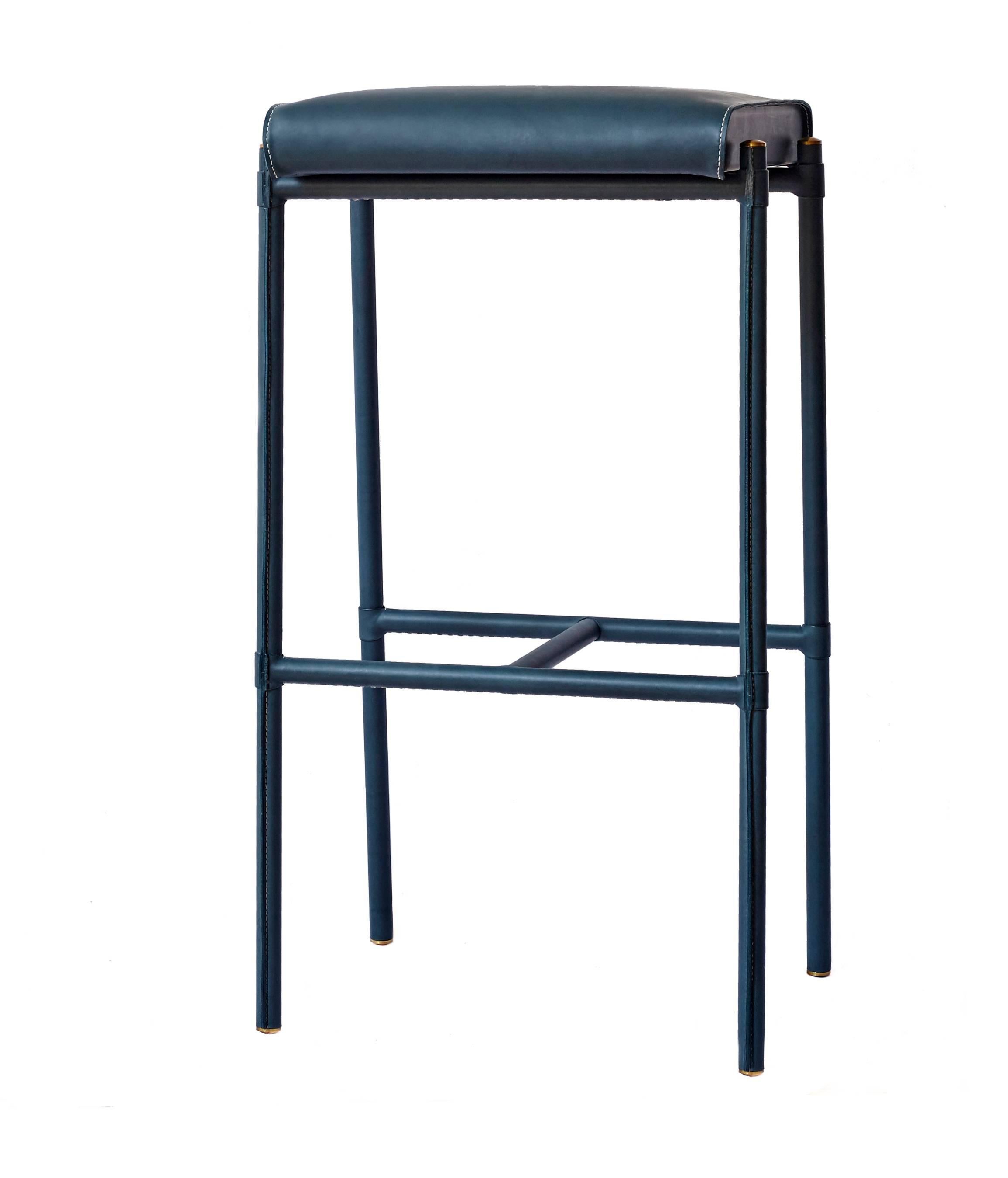 American 'Jacqueline' Bar Stool, Leather-Wrapped and Hand-Stitched, with Upholstered seat For Sale