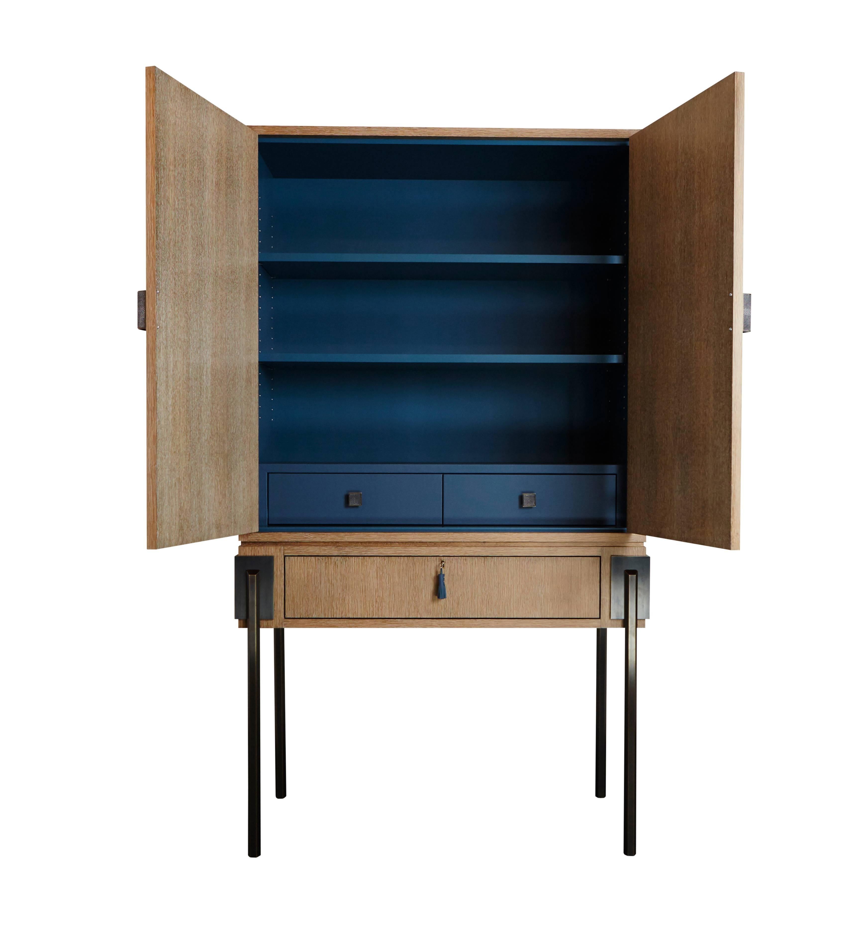 American 'Hex' Cabinet in Cerused Oak, Leather and Bronze by Christina Z Antonio For Sale