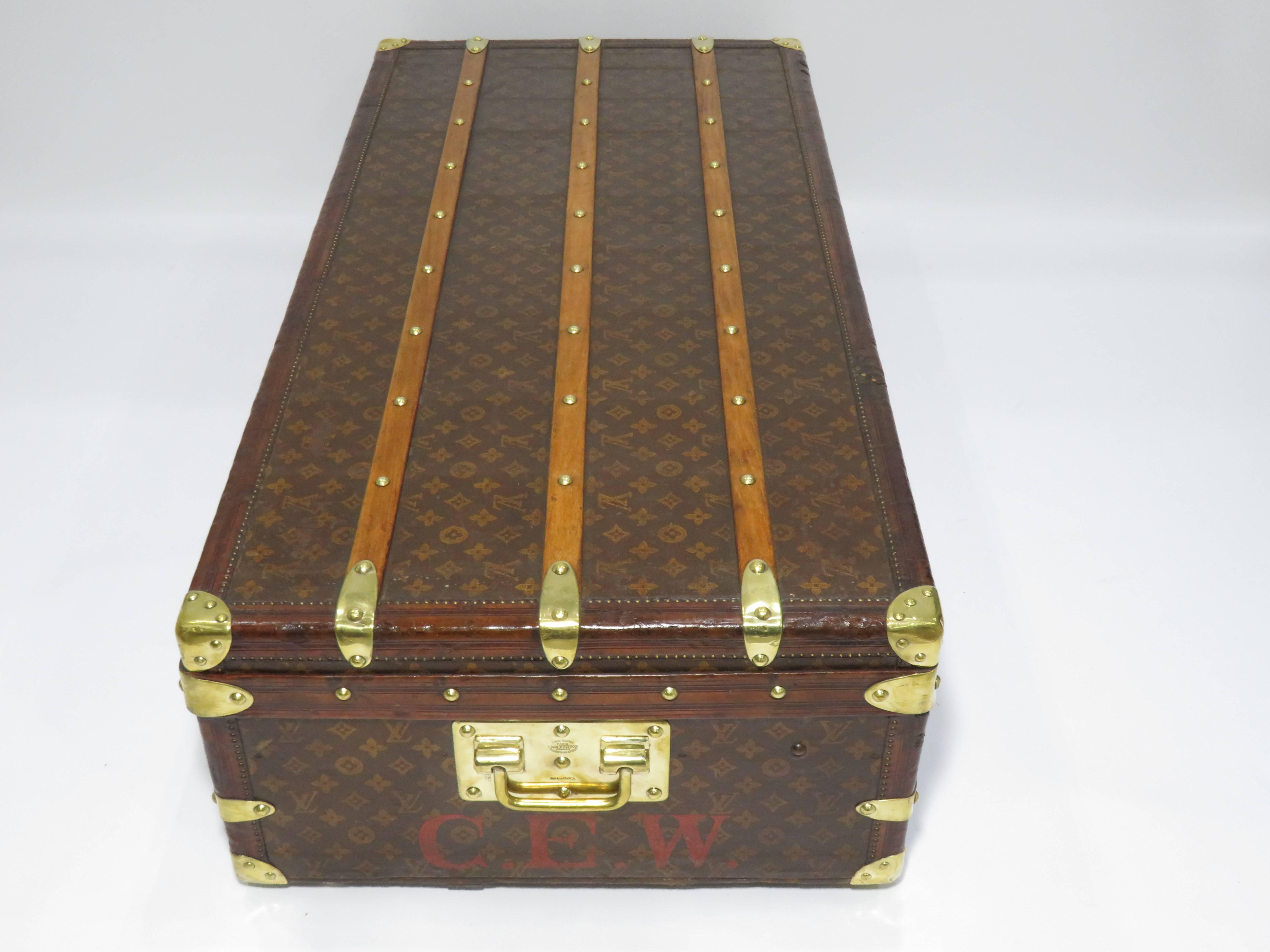French Antique Louis Vuitton Monogram Leather/Brass Cabin Trunk