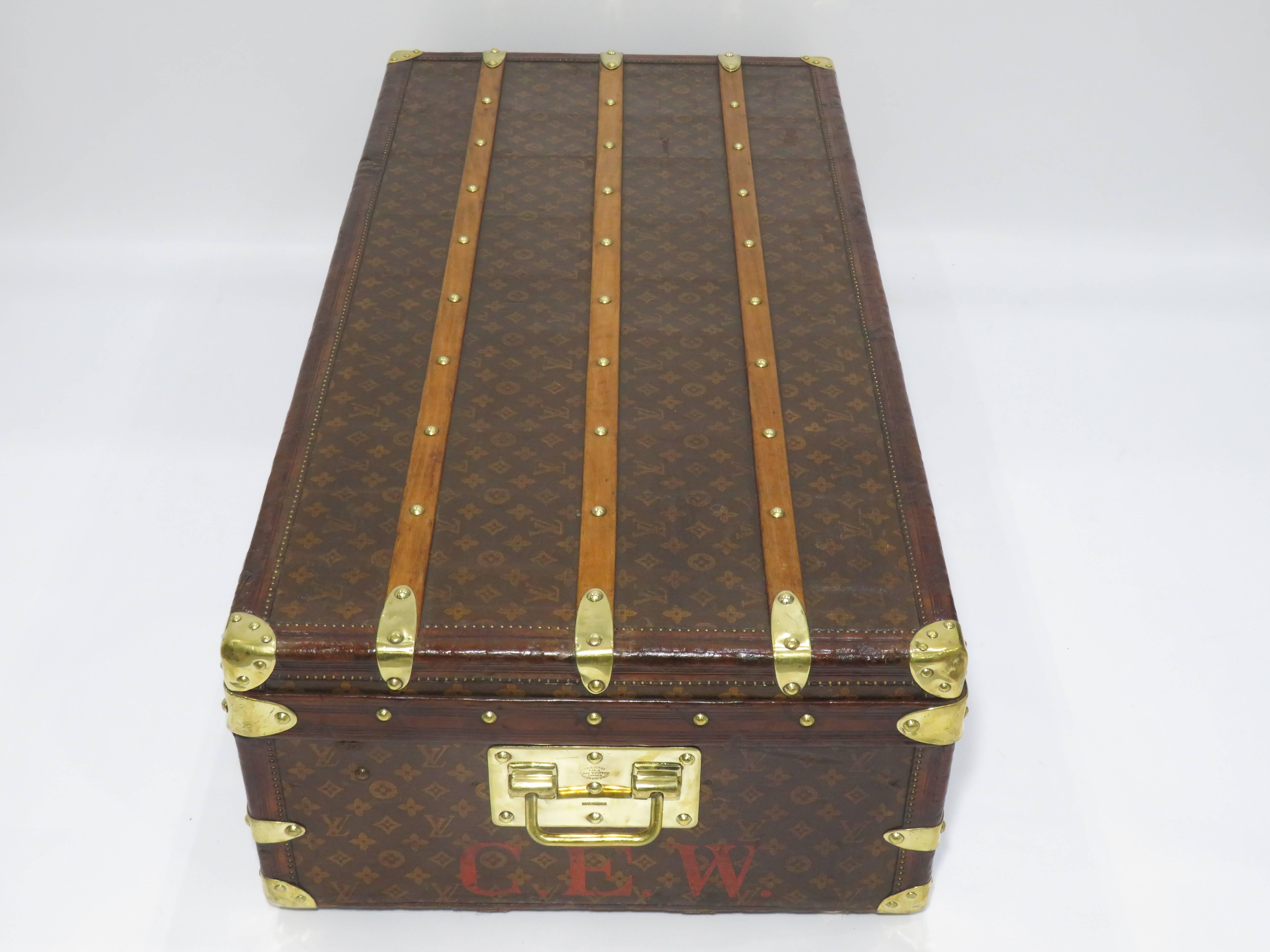 Antique Louis Vuitton Monogram Leather/Brass Cabin Trunk In Good Condition In London, GB