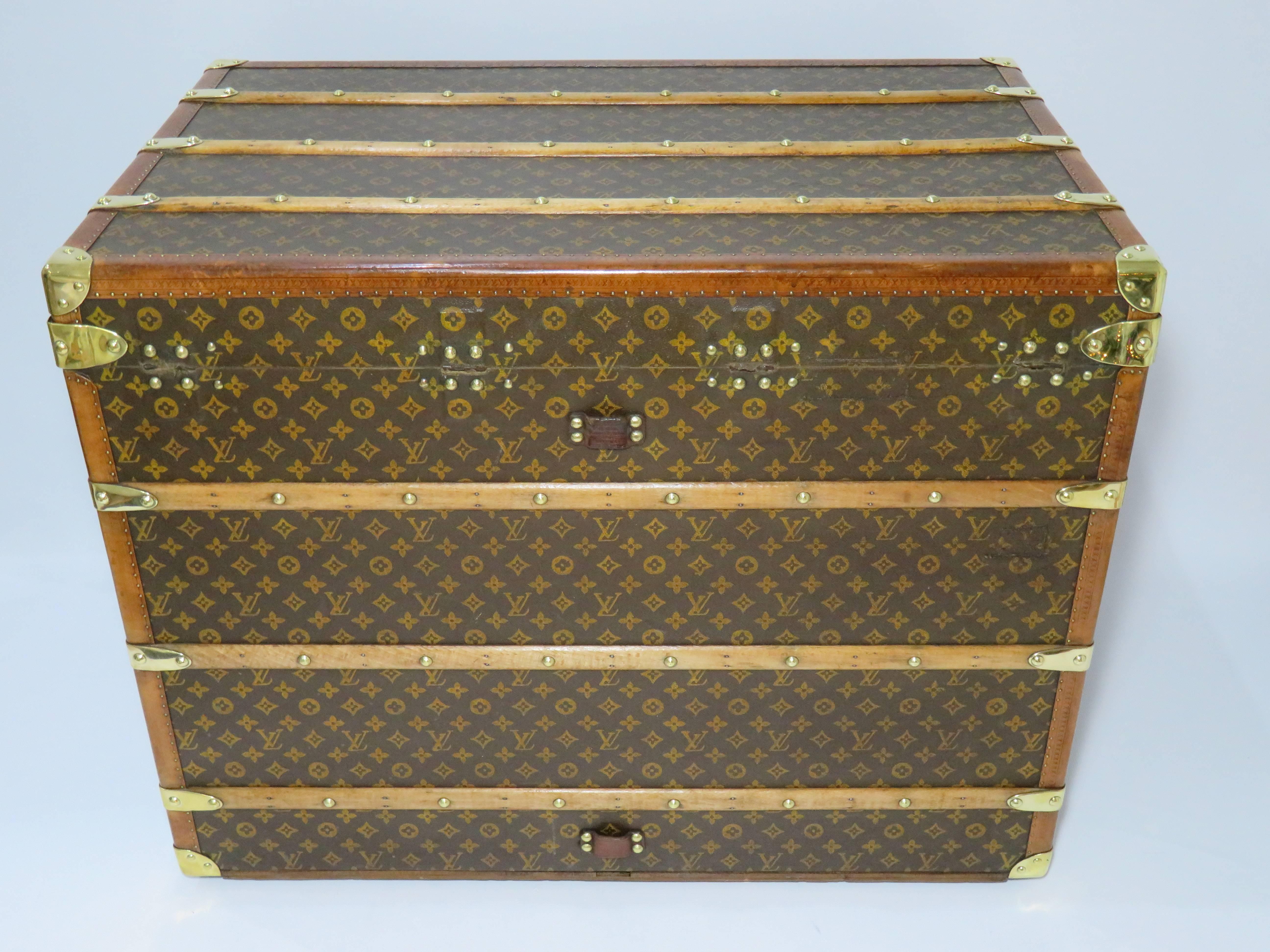 Brass Antique Louis Vuitton Monogram Courier Trunk with Complete Interior