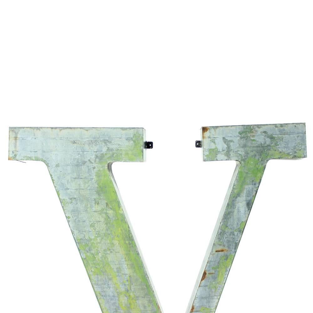 Large Metal V Letter Industrial Factory Sign, Czechoslovakia, circa 1960 In Fair Condition For Sale In Zohor, SK