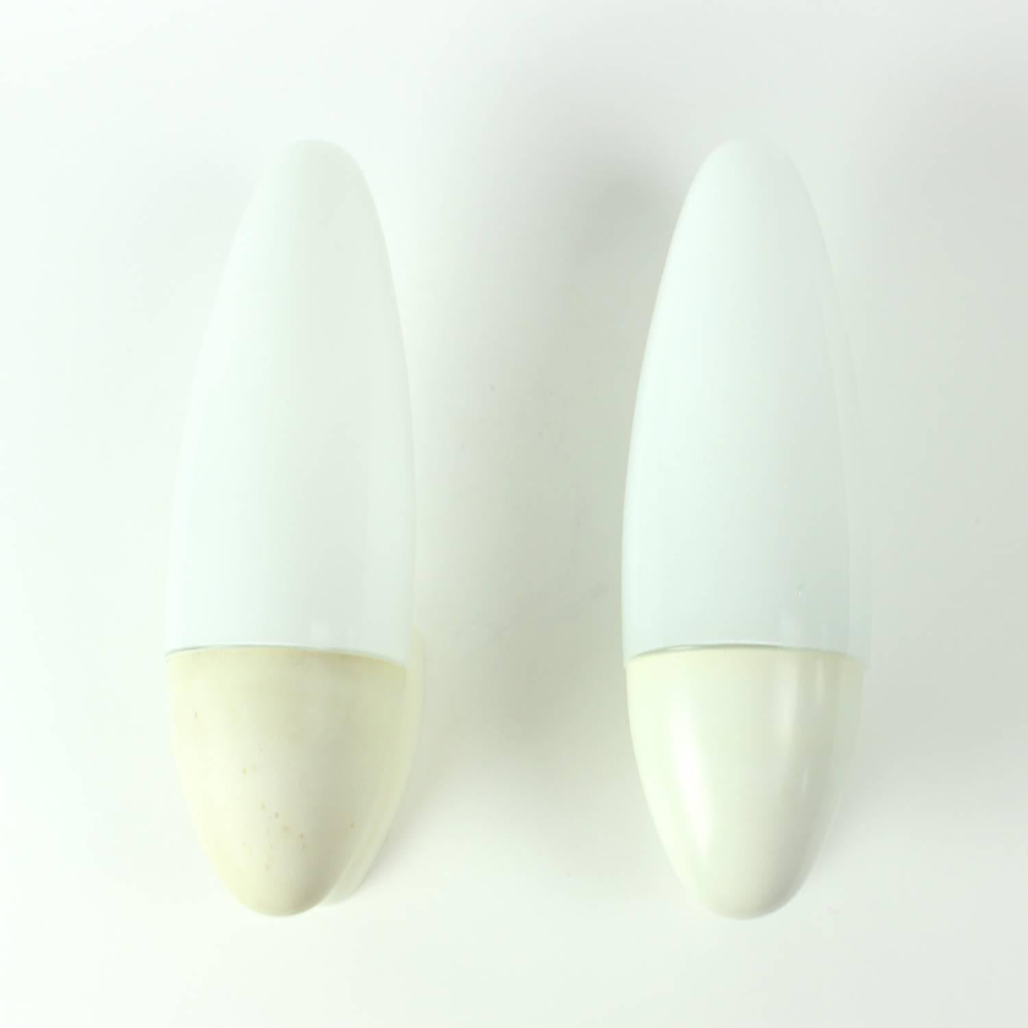 Mid-Century Modern Two Rare All White Wall Lamps in White Opaline Glass, Czechoslovakia, circa 1960