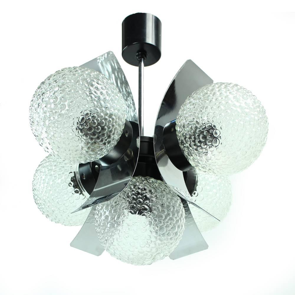 Mid-Century Modern Rare Ceiling Light in Chrome and Glass, Czechoslovakia, 1970 For Sale