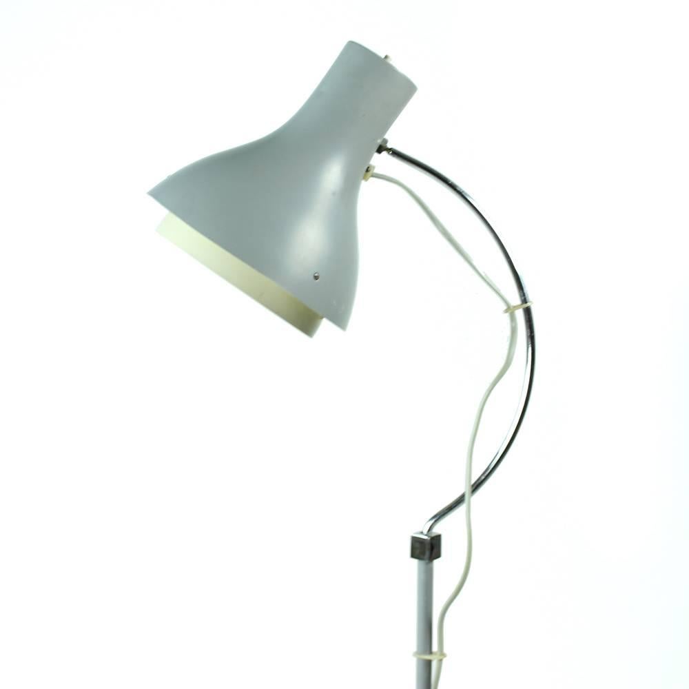 Floor lamp designed by Josef Hurka for Napako company in Czechoslovakia in the 1960s. Gray metal shield and chrome construction. Very good condition, some wear visible. Unique, original style for the designer. Works on one bulb, European plug.