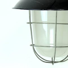 Industrial Factory Ceiling Light in Glass and Black Metal, Czechoslovakia 1950