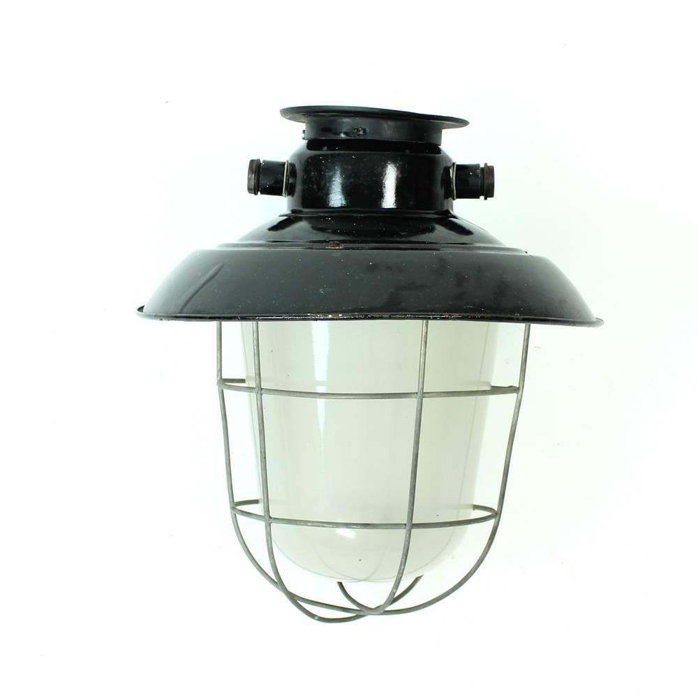 Slovak Industrial Factory Ceiling Light in Glass and Black Metal, Czechoslovakia 1950 For Sale