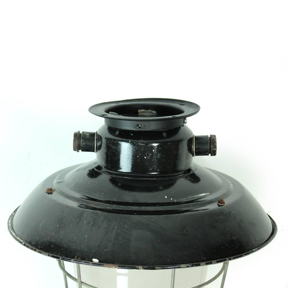 Industrial Factory Ceiling Light in Glass and Black Metal, Czechoslovakia 1950 In Good Condition For Sale In Zohor, SK