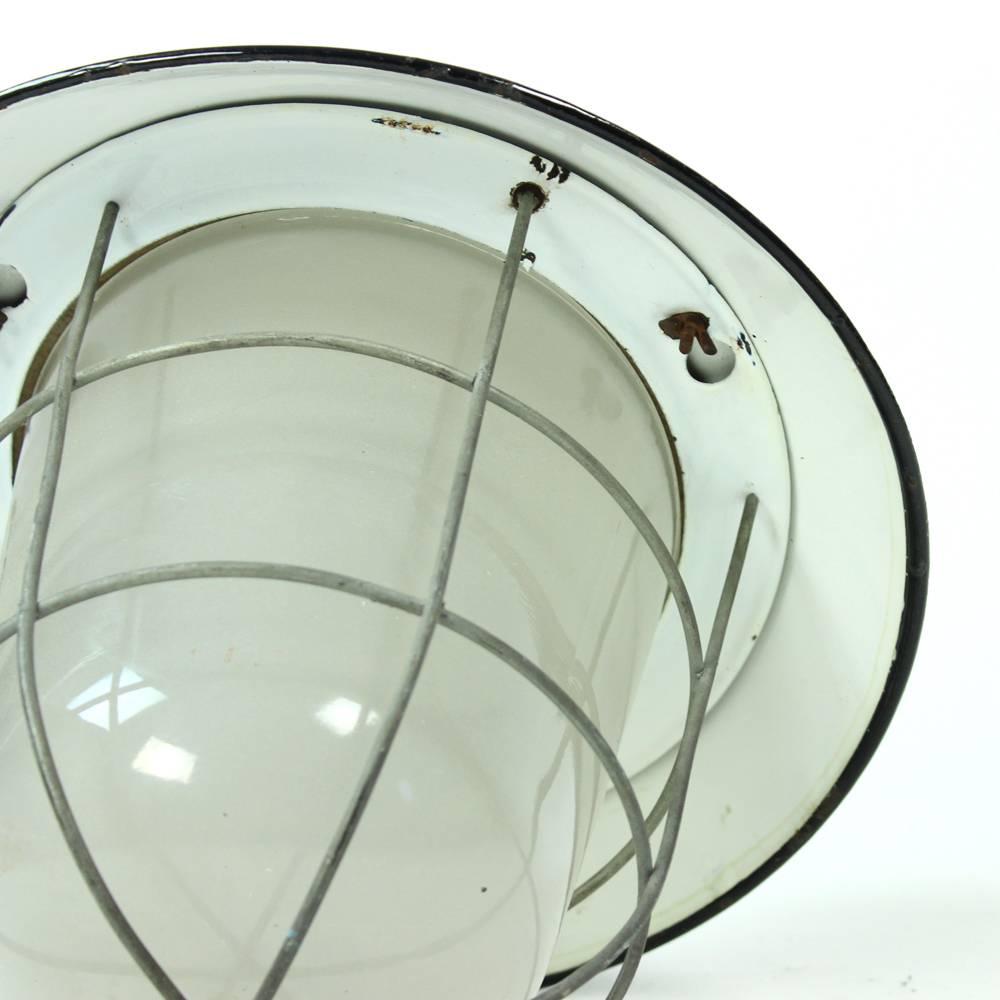 Industrial Factory Ceiling Light in Glass and Black Metal, Czechoslovakia 1950 For Sale 2
