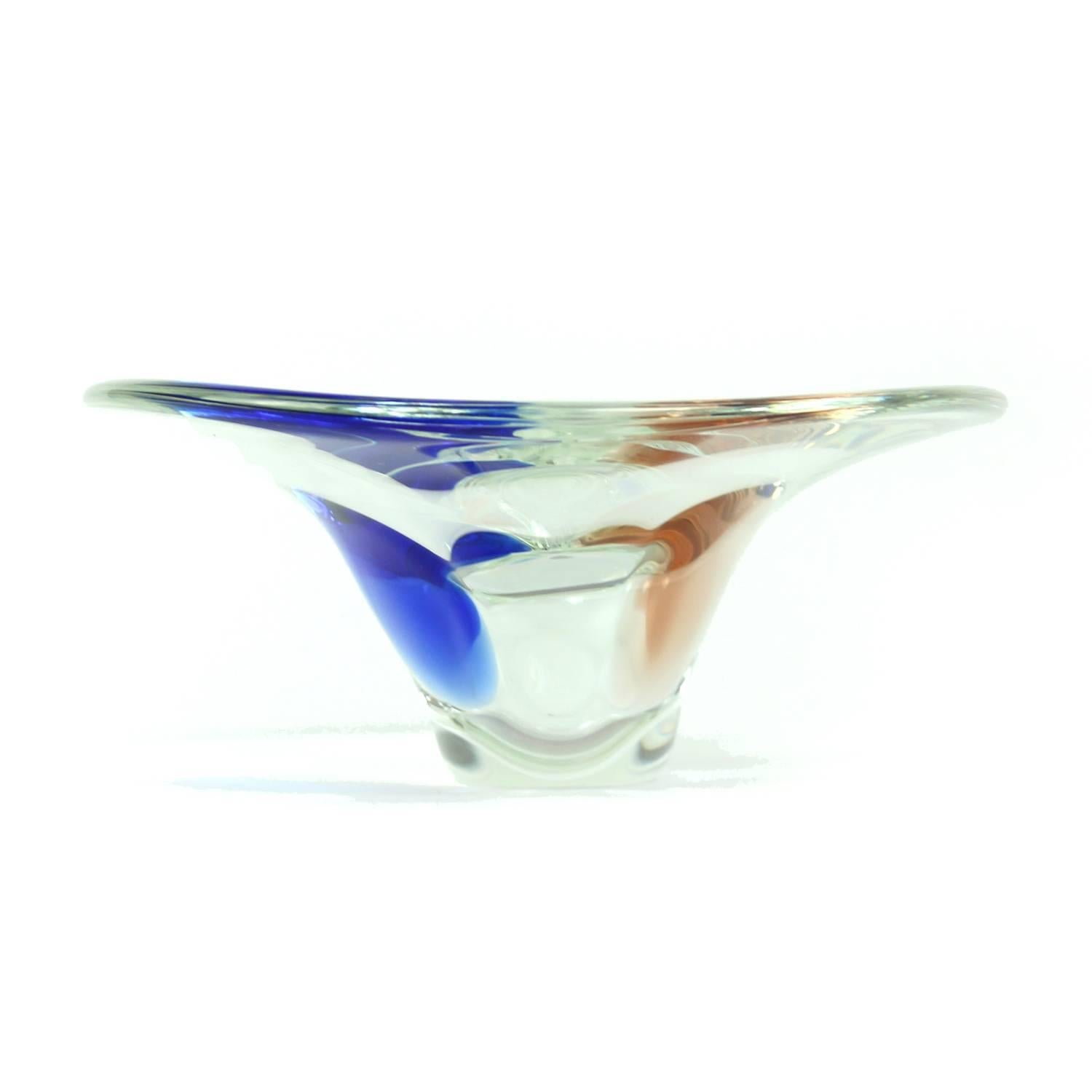 Bohemian Clear and Blue Art Glass Bowl by Borocrystal, Czechoslovakia, circa 1960