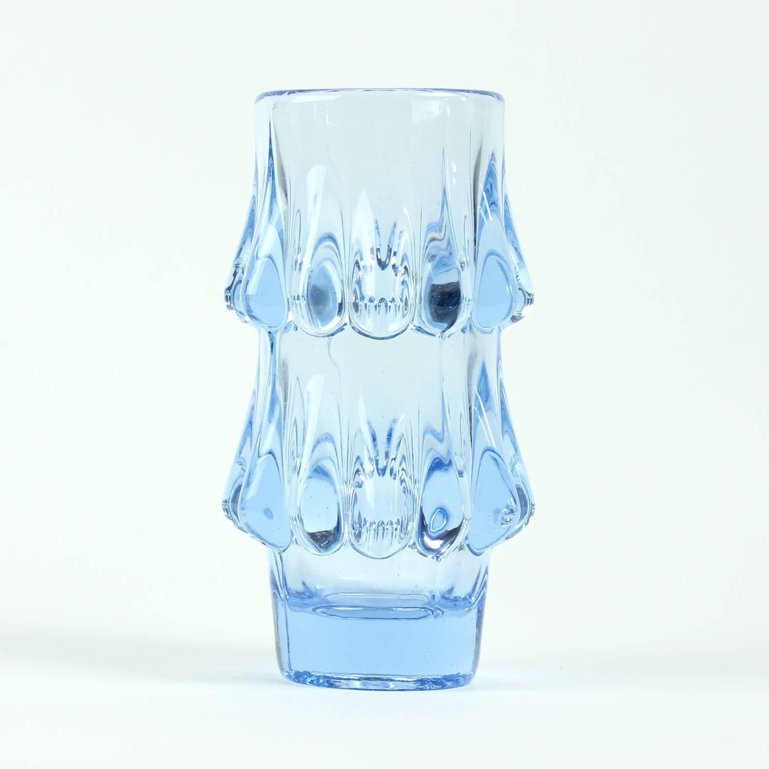 Rare and unique art glass vases in beautiful pink and light blue glass. Designed by Jiri Brabec for Sklo Unior Rosice in 1978. The model was originally named Model 5201/15. Brabec is considered to be a master in Czech glass tradition, as he uses the