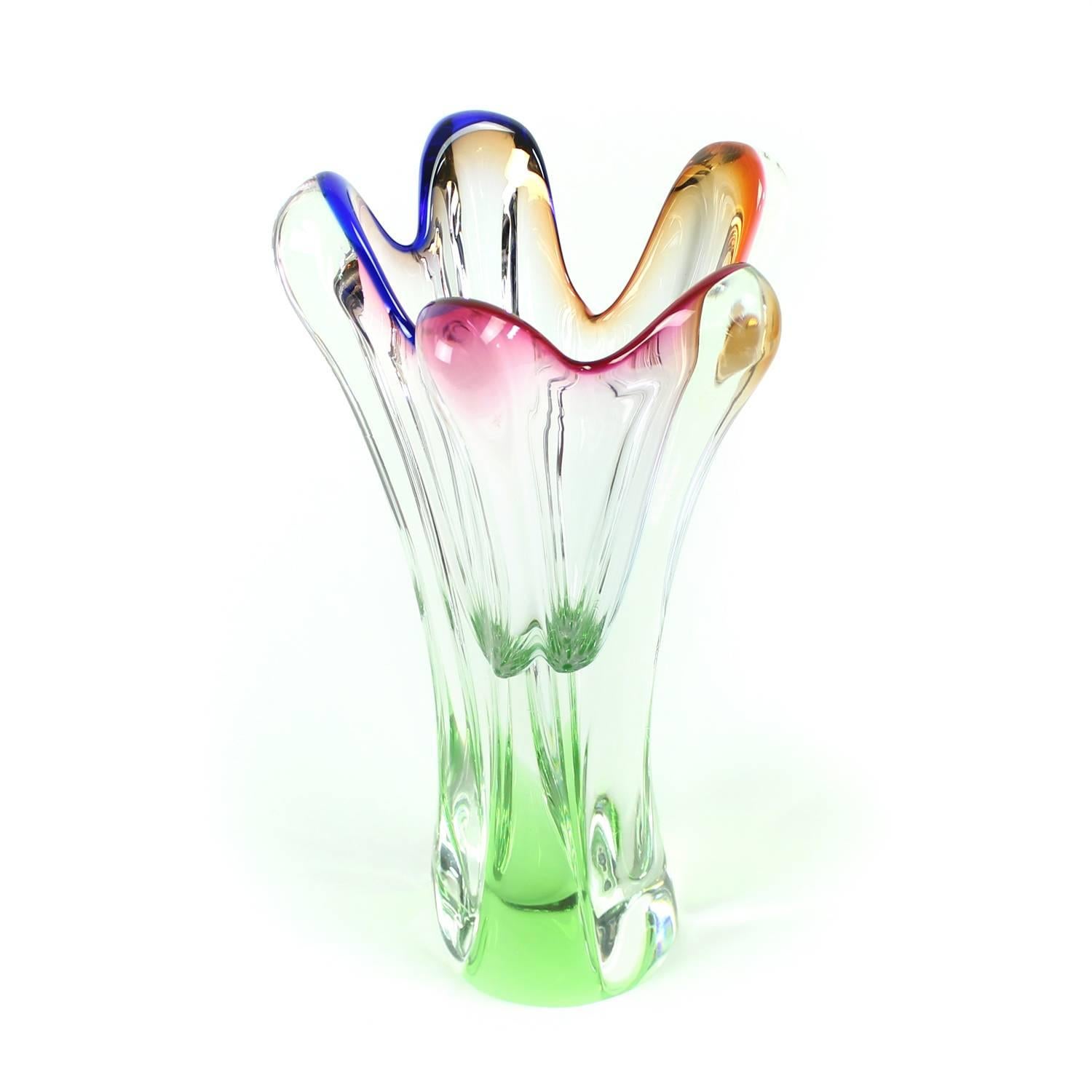 Beautiful and heavy art glass vase designed by Josef Hurka for Glass Factory Chribska. Rare item so typical of the Bohemian glass making tradition. Excellent design combining modern and bright colors into a strong piece. Very elegant design. Very