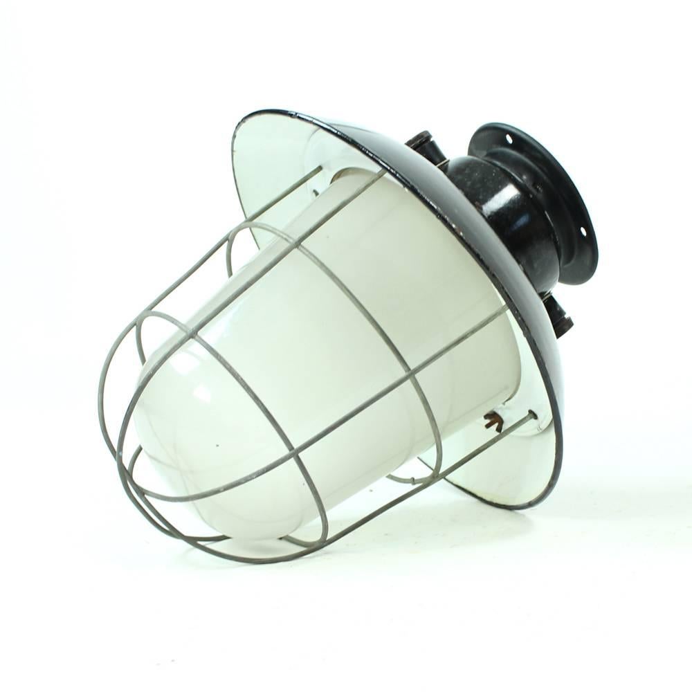 20th Century Industrial Factory Ceiling Light in Glass and Black Metal, Czechoslovakia 1950 For Sale