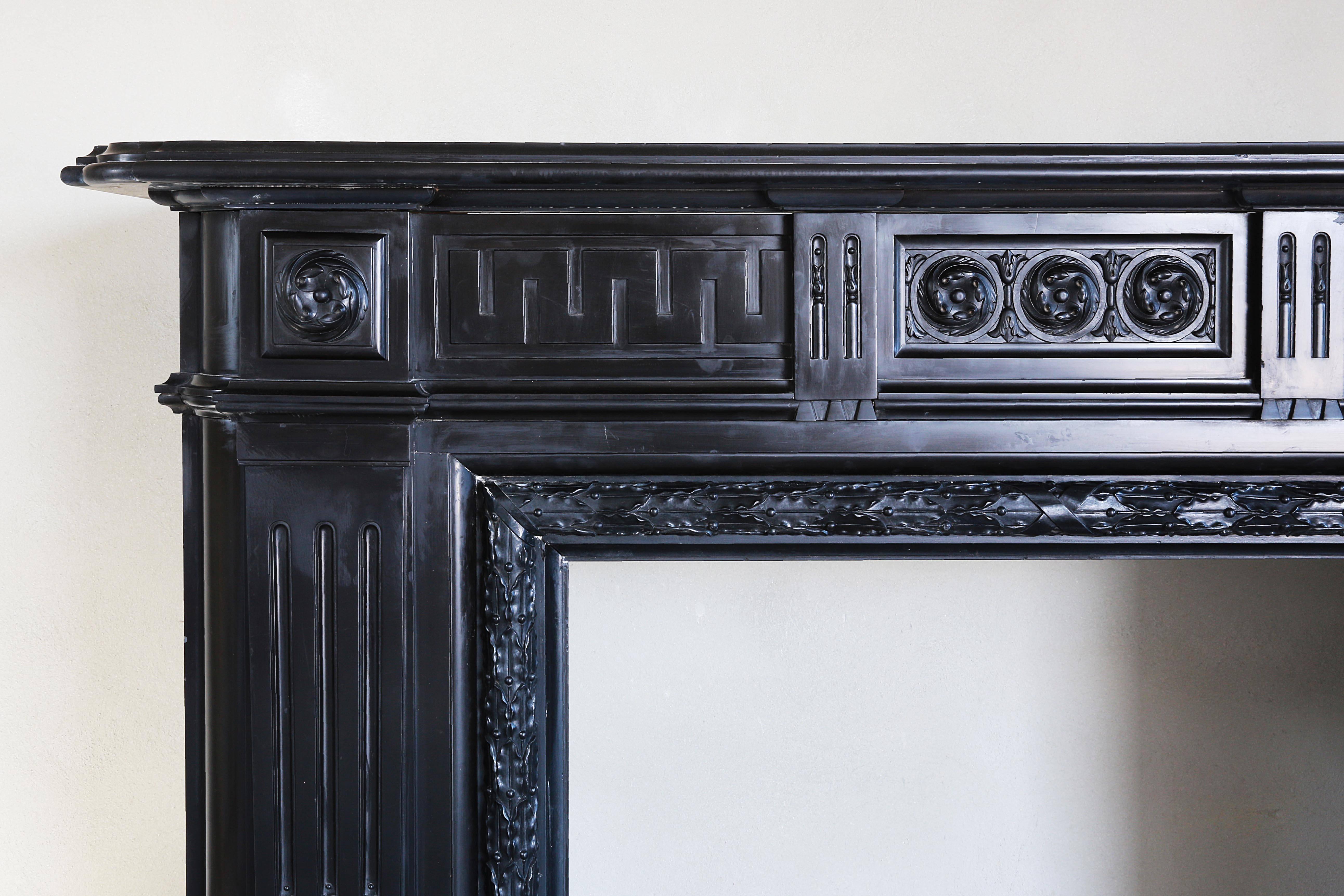 Carved 19th Century Monumental Black Marble Antique Fireplace Surround For Sale