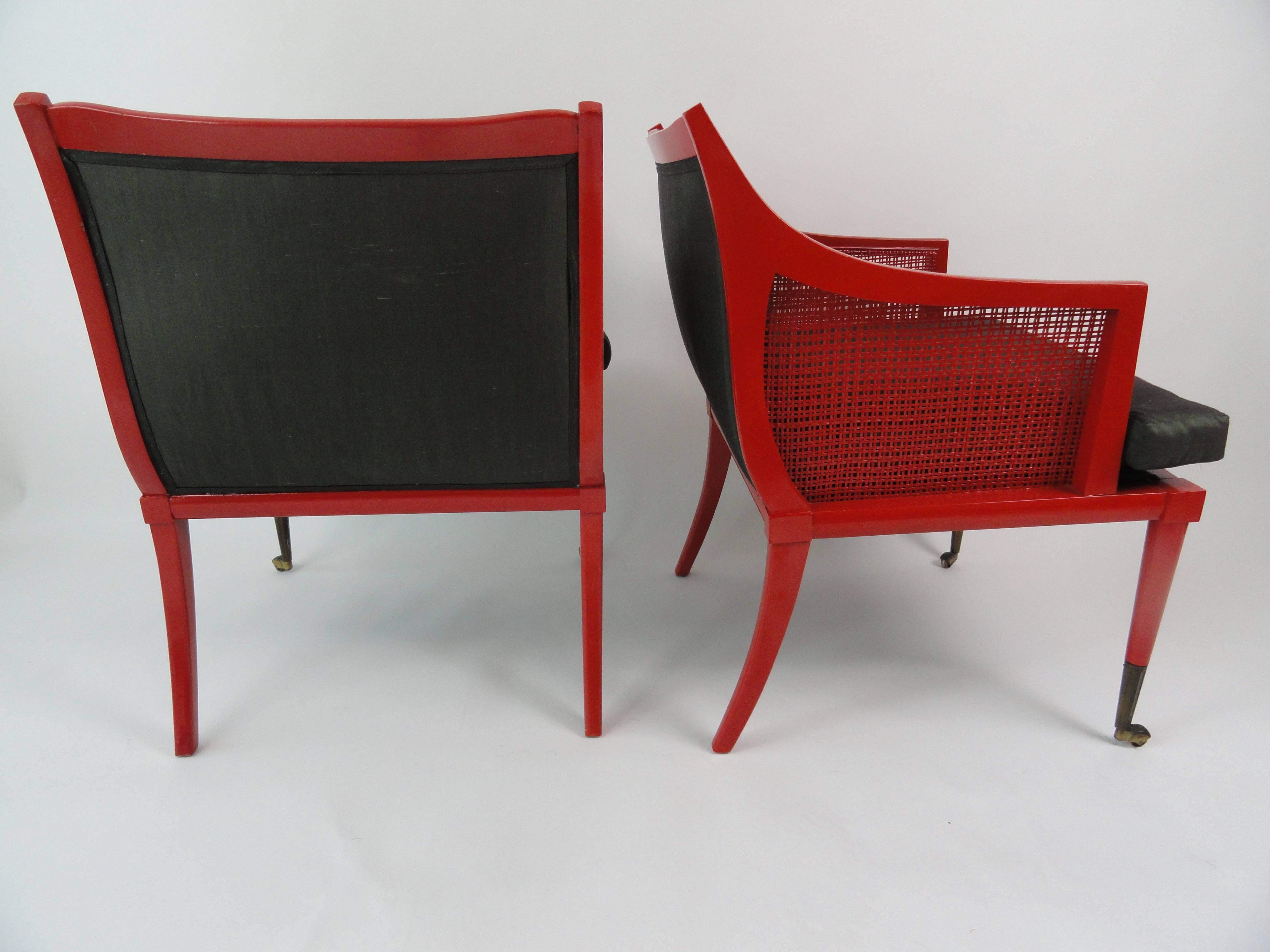 Pair of red lacquer wood chairs, sculptural form with brass sabot, cane sides. Modernist style by Edward Wormley for Dunbar.
Henry Calvin Athena Taffeta
Very comfortable.