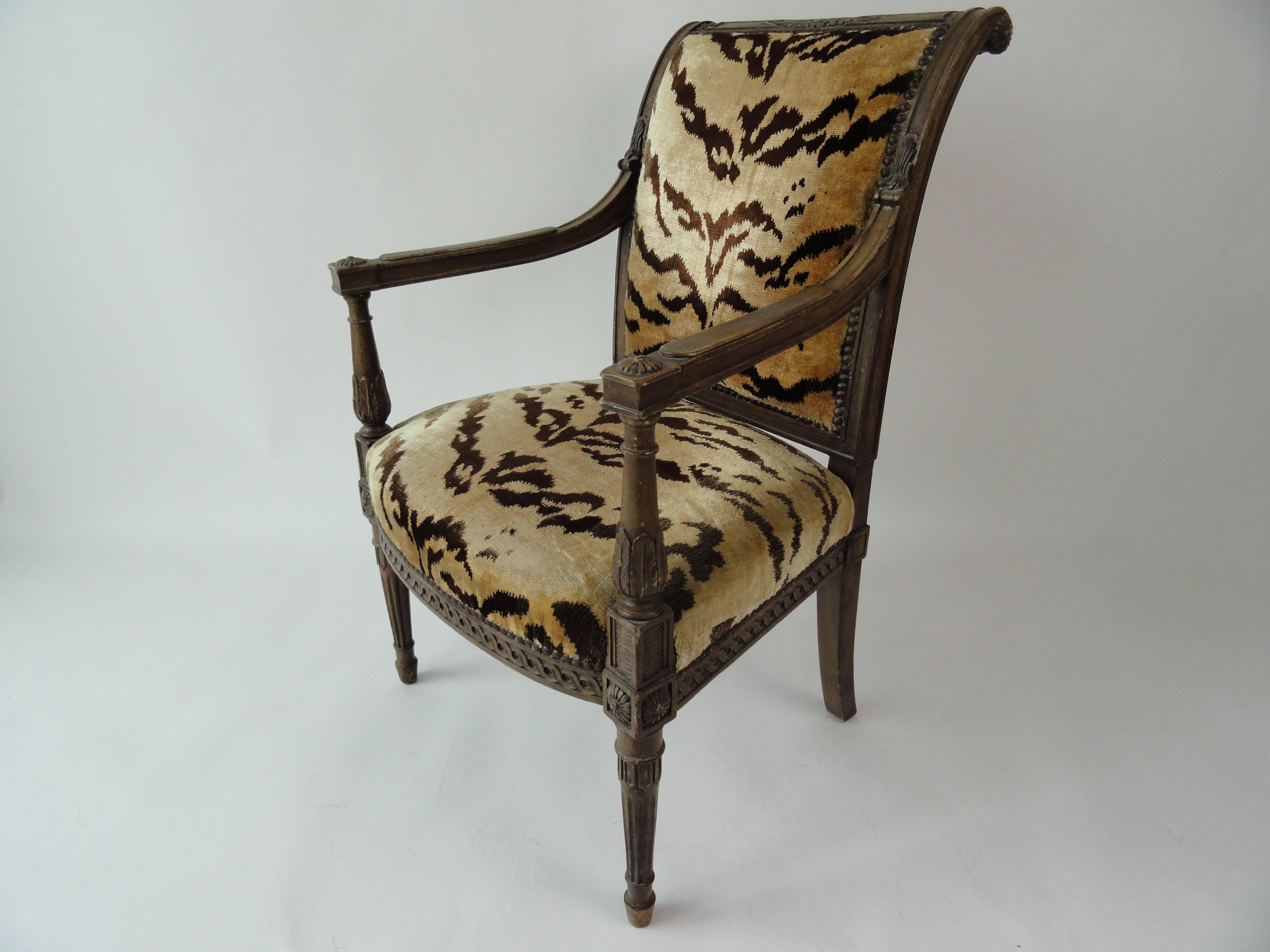 20th century Directoire-style armchair by Yale R. Burge covered in silk tiger velvet. Beechwood.