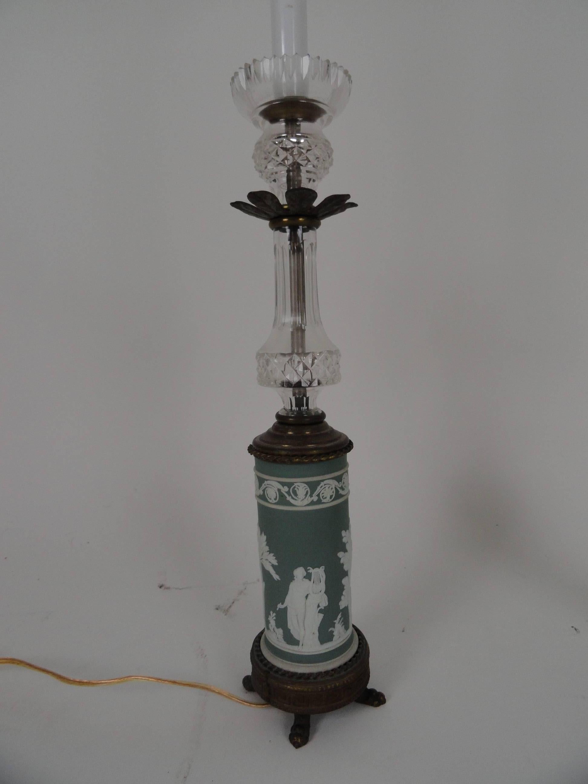 Pair of neoclassical style, 20th century candlestick lamps with wedgewood style base.