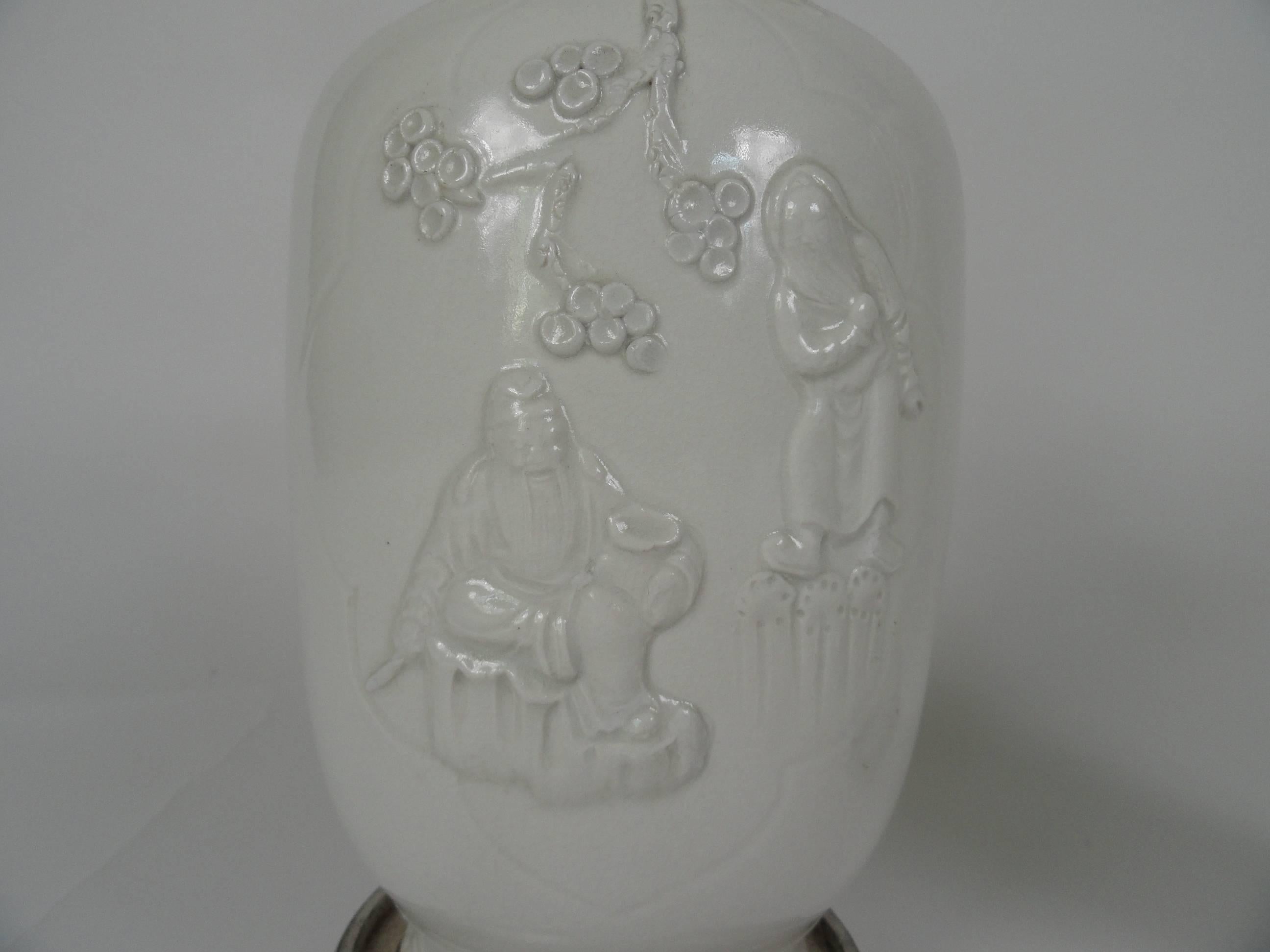 Pair of 20th century Chinese blanc de chin vase with elephant handles and applied decoration.