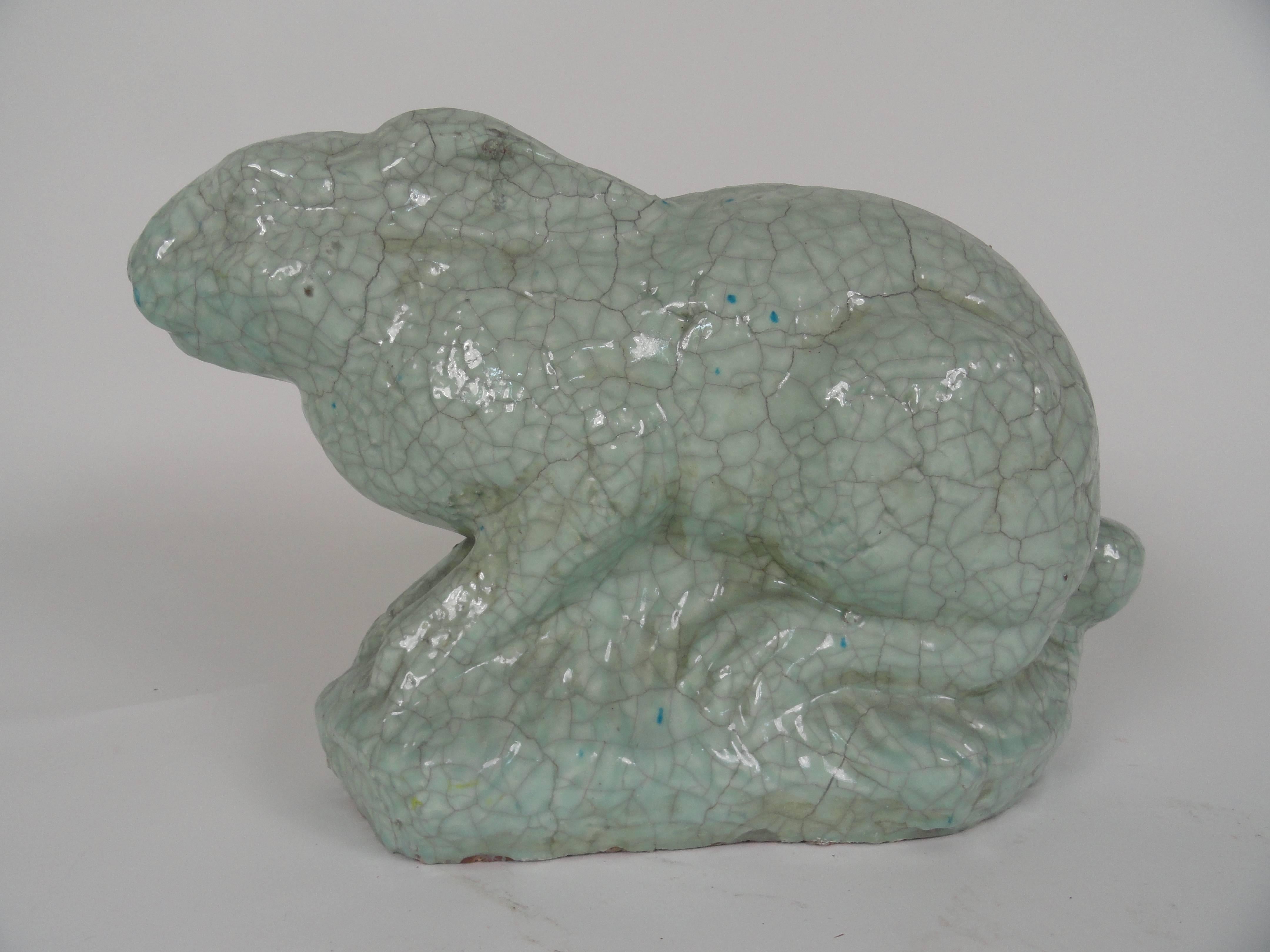 20th century celadon crackle glazed finish rabbit sculpture, large-scale and form. Unique decorative object.