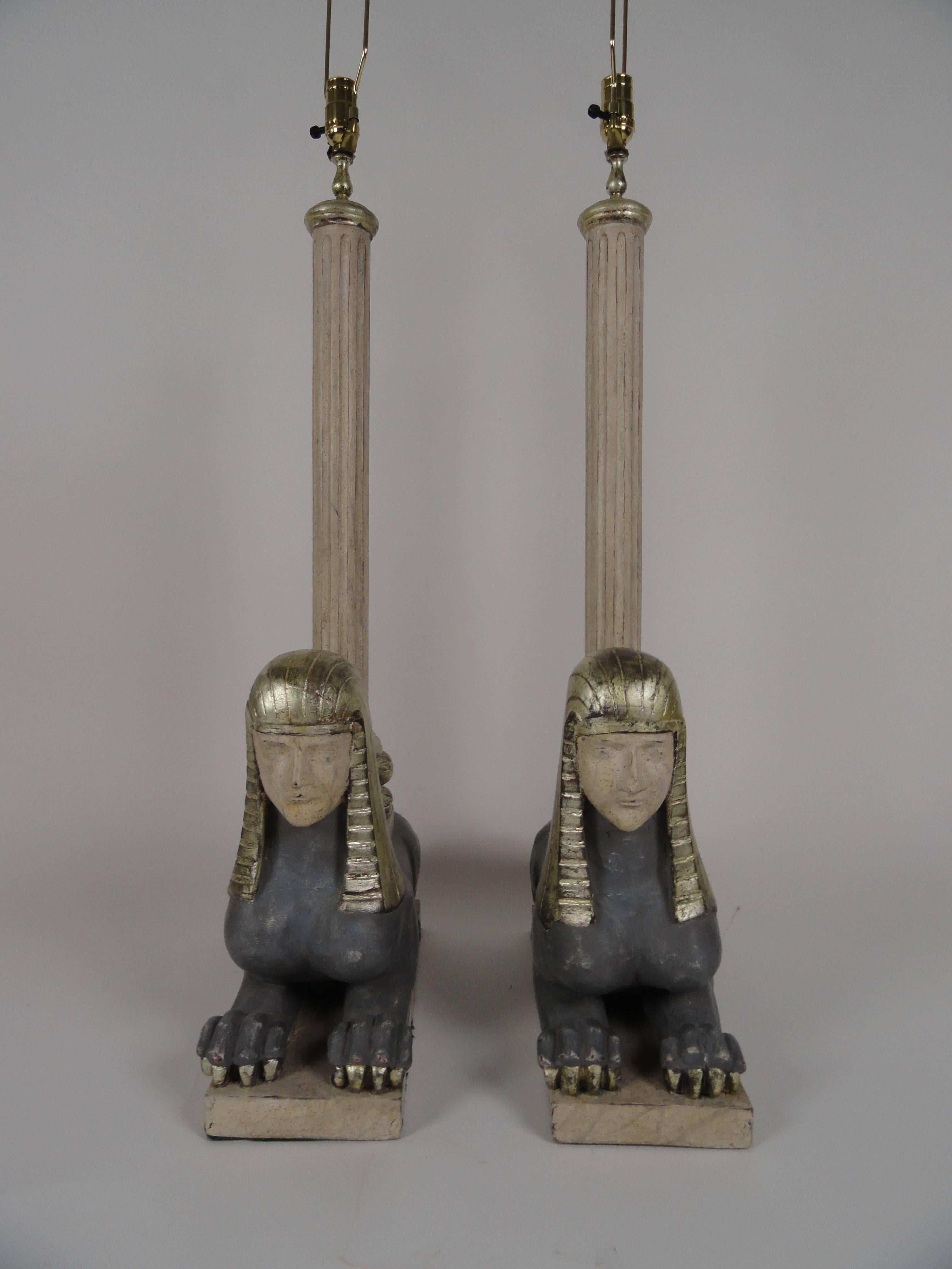 Egyptian Revival Pair of Italian Wood Sphinx Lamps in the Manner of Bugatti For Sale