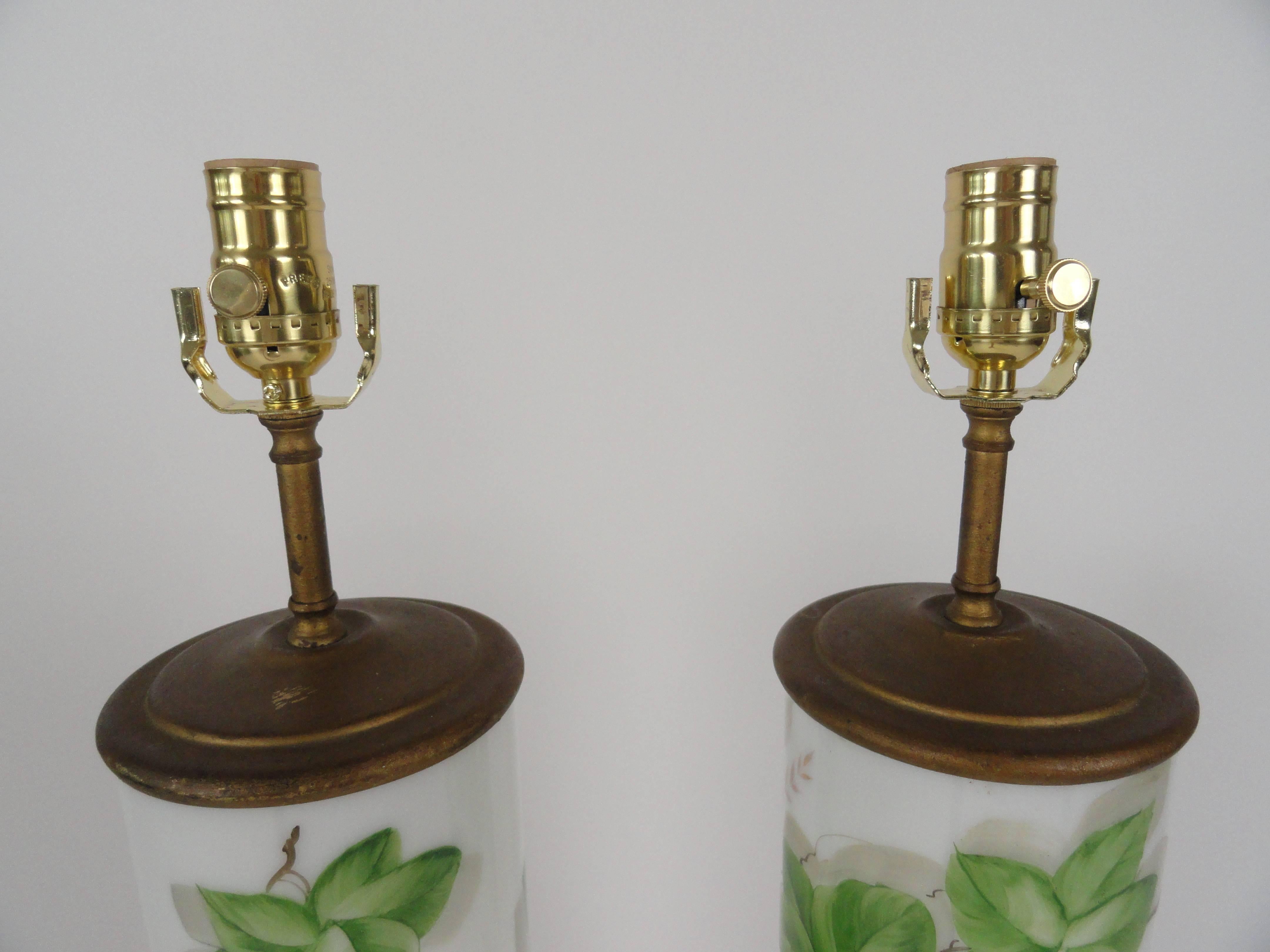 Metal Pair of Large-Scale American Glass Painted Lamps For Sale