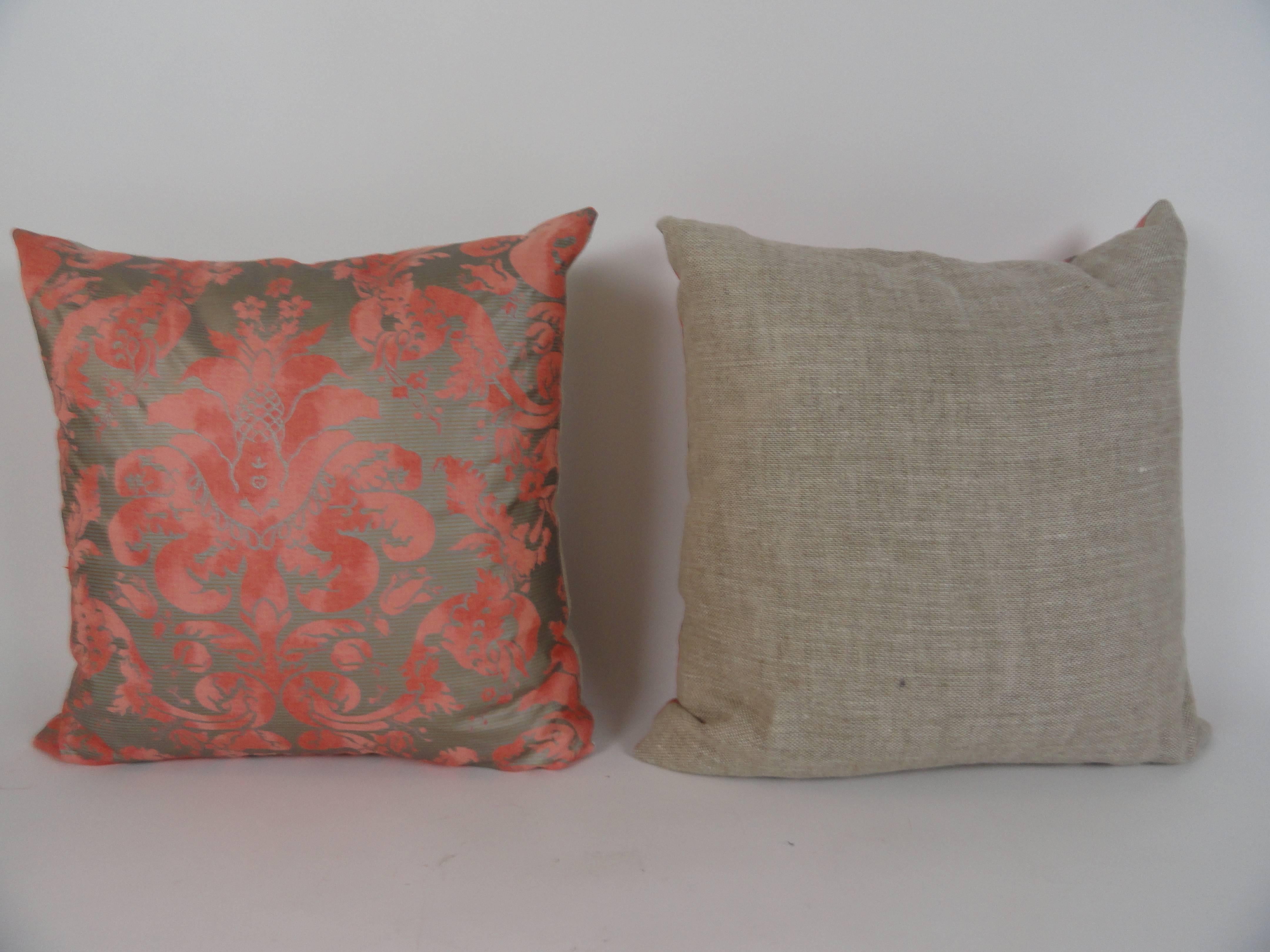 Pair of Italian cotton pillows in a Fortuny style pattern. Backed in Scalamandre linen. 24