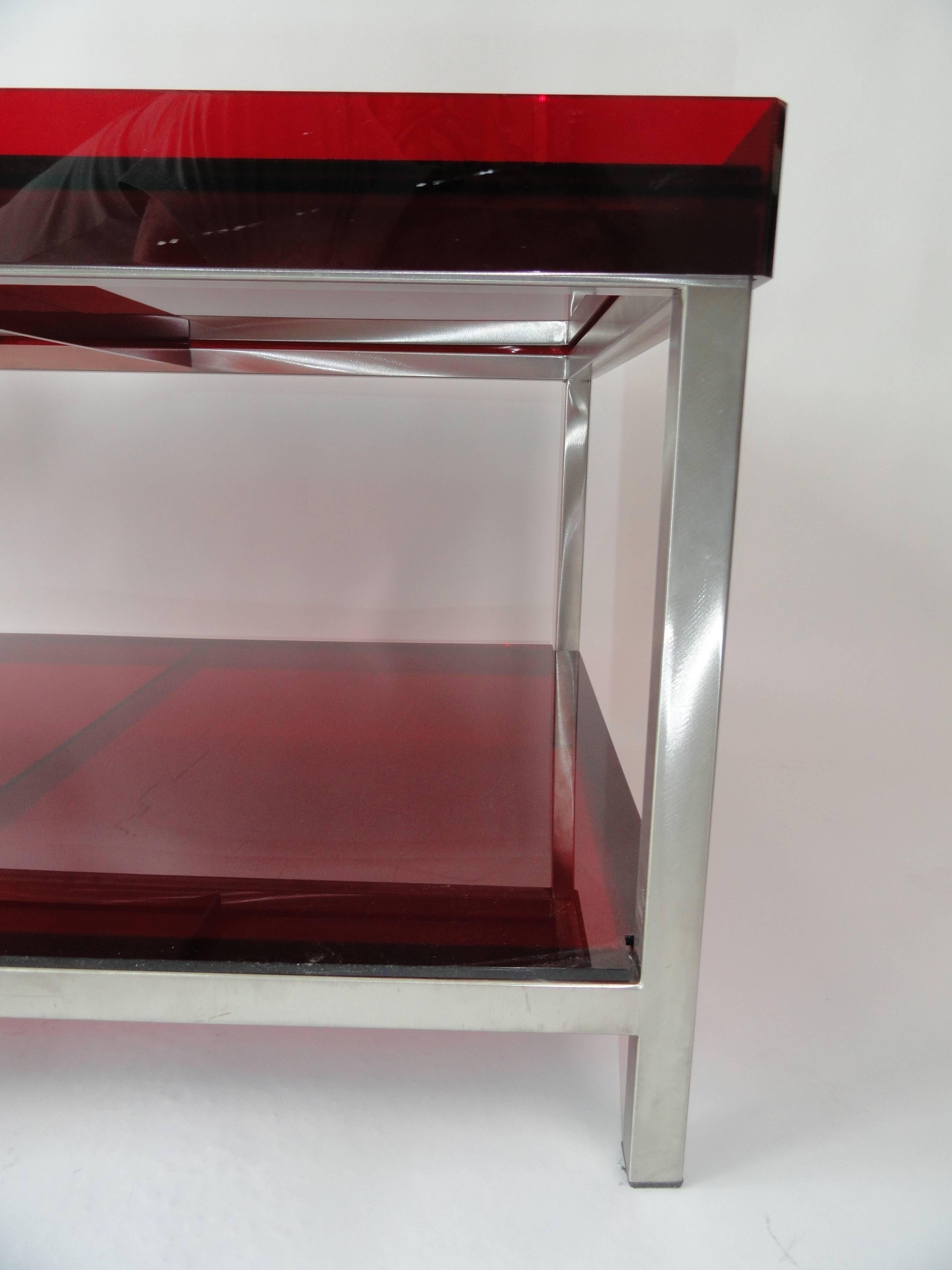 Late 20th Century Modern Red Acrylic and Steel Coffee Table For Sale