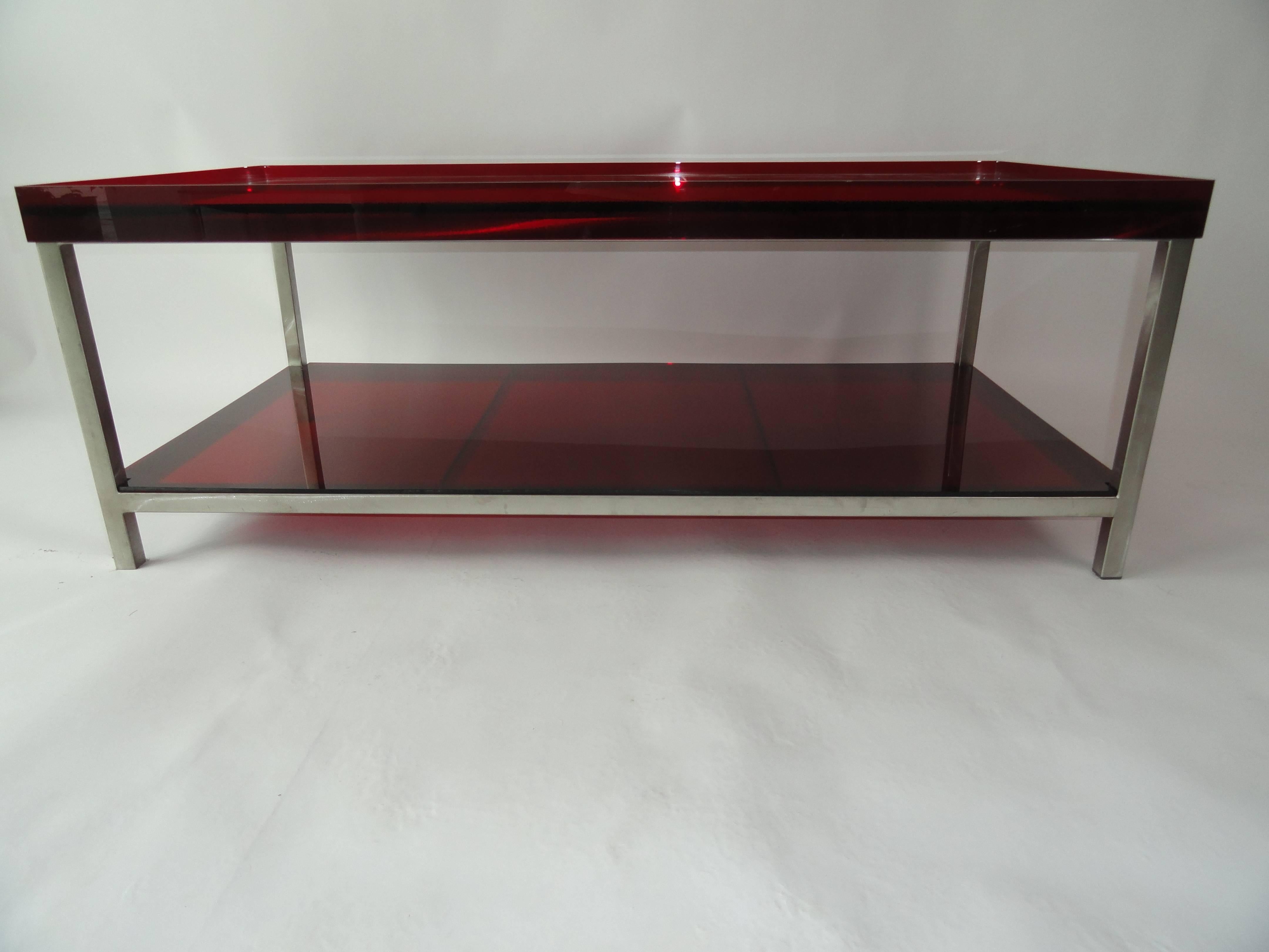 American Modern Red Acrylic and Steel Coffee Table For Sale