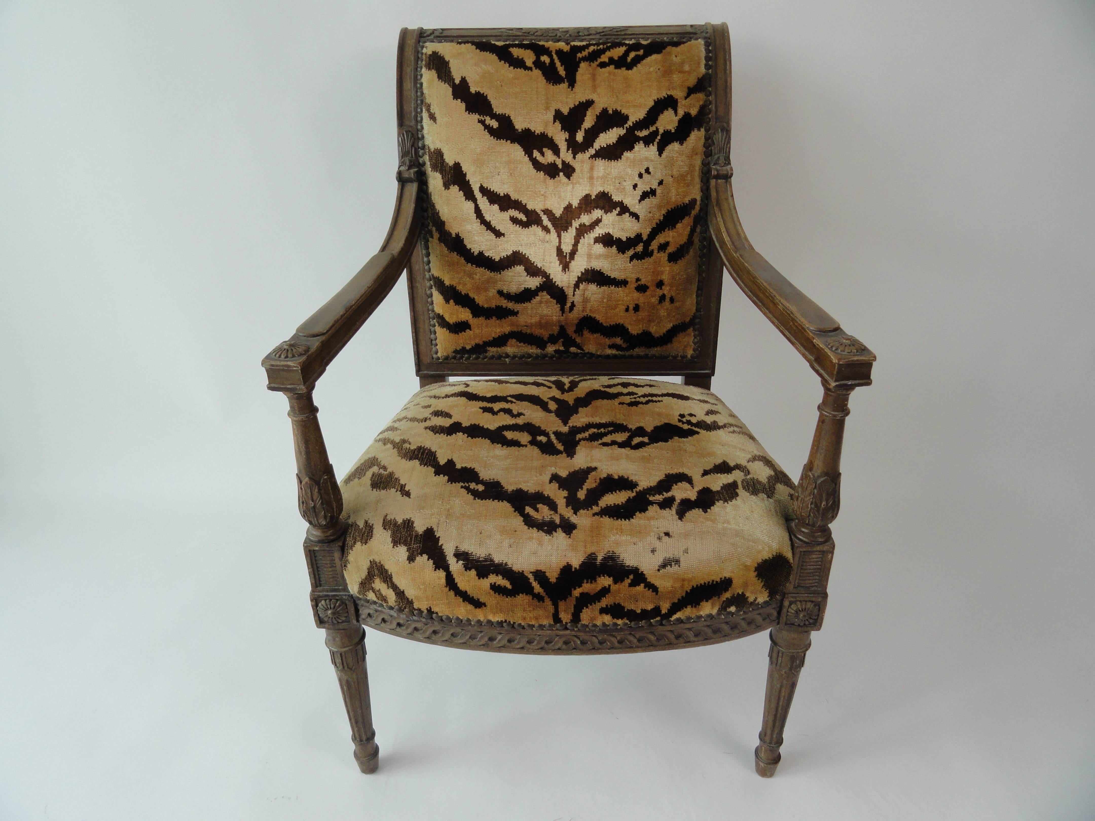 20th century Directoire-style armchair bye Yale R. Burge covered in silk tiger velvet, good condition. Beechwod.