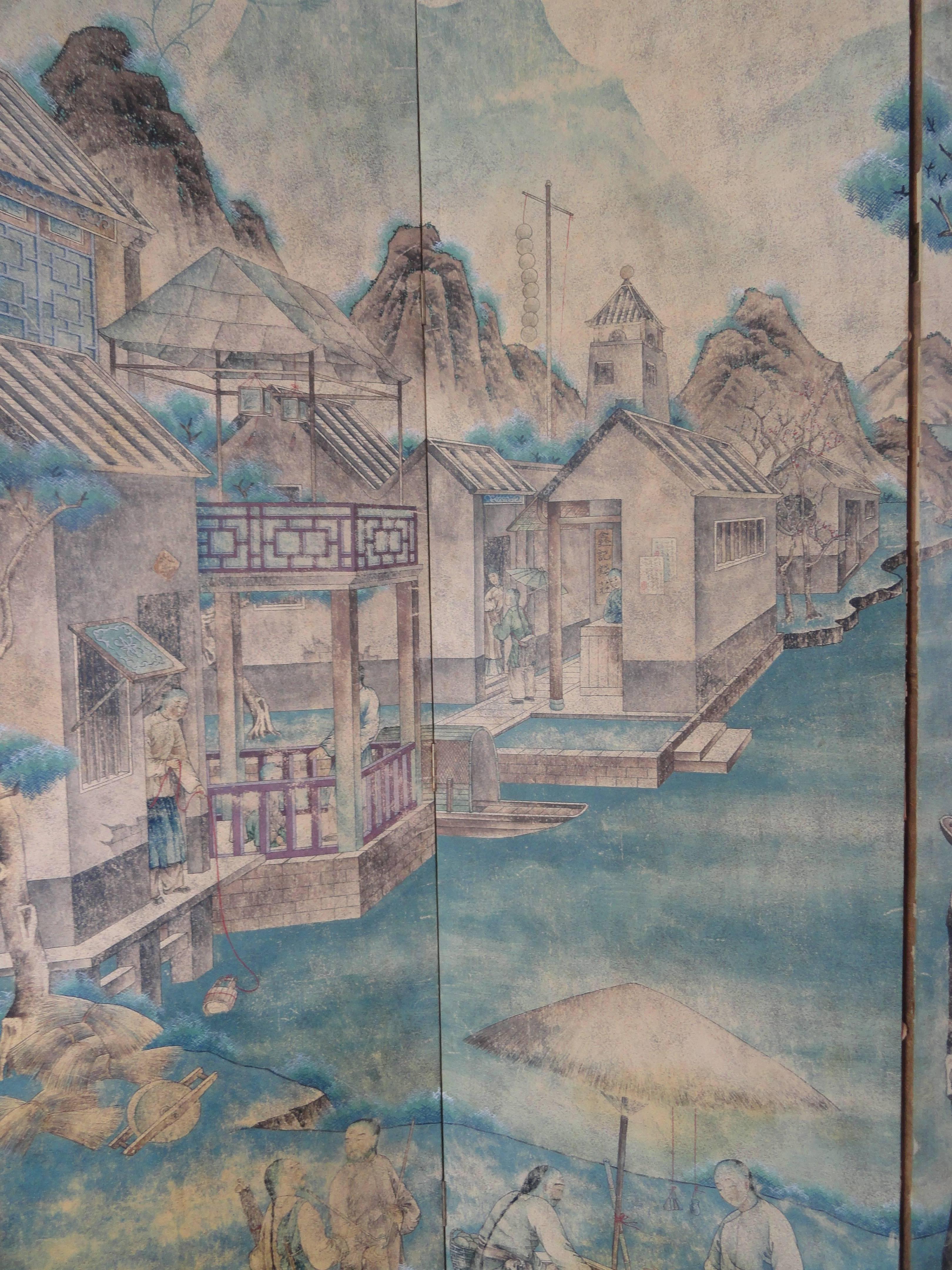 Late 18th to early 19th century Chinese six-panel screen with painted scenes of a mystical village with homes and temples and markets. Framed in wood. Fronting lovely waterways and canals. Plain paper back. See detail pic.