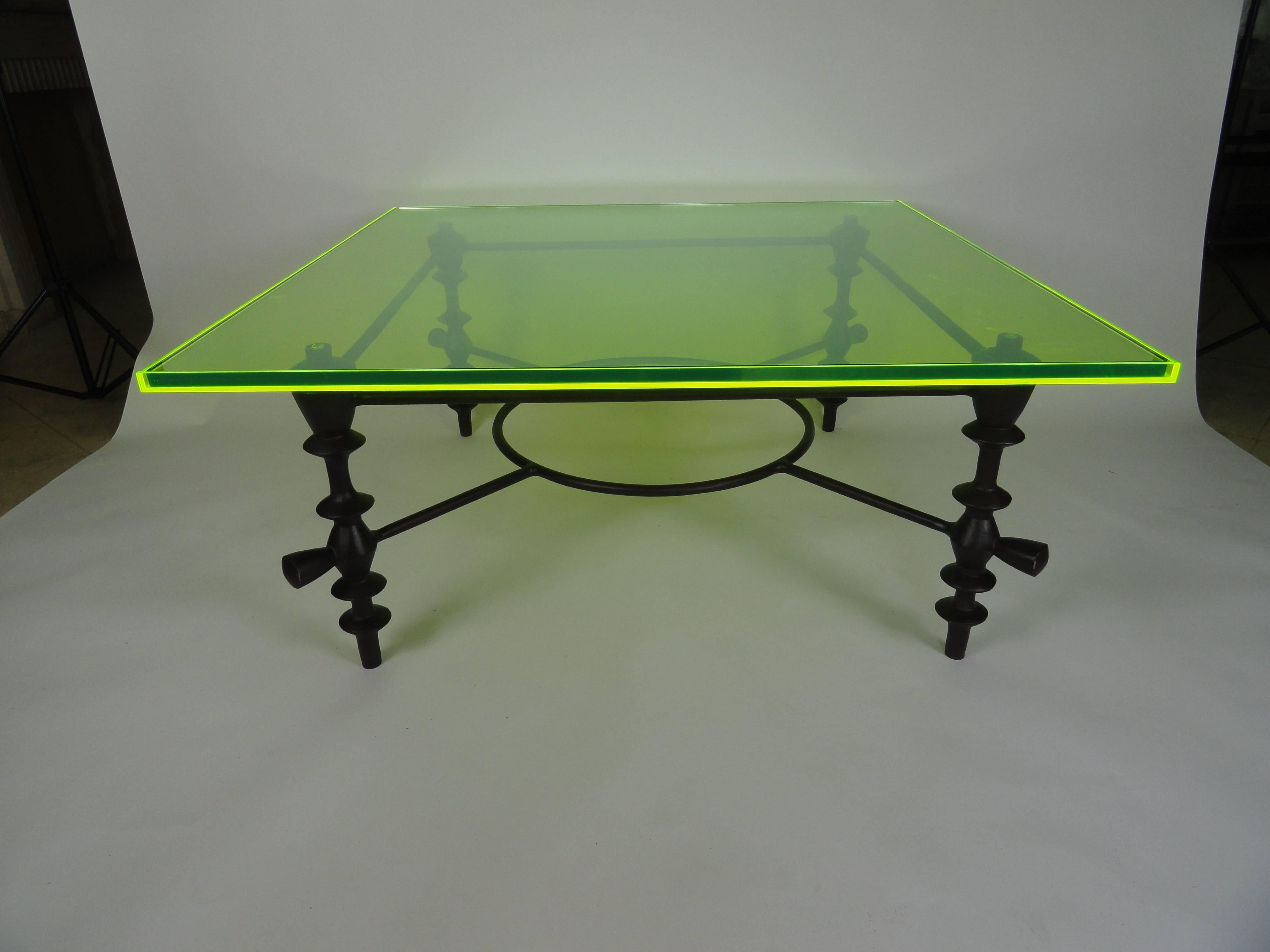 Metal Giacometti Style Jupiter Green Acrylic Coffee Table For Sale